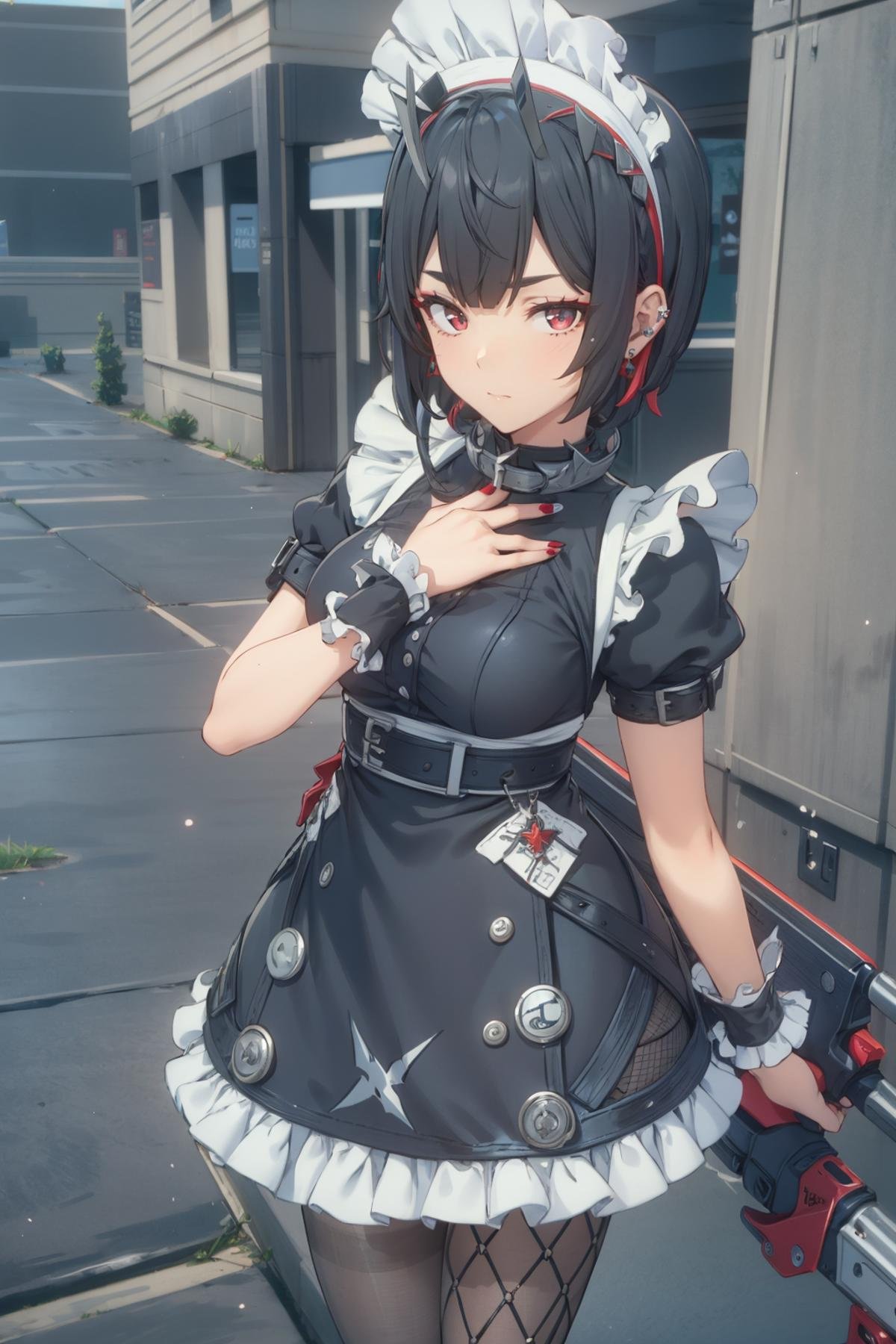 <lora:ZZZ_Elaine Joe:0.7>,ZZZ_Elaine Joe,1girl,red nails,solo,maid headdress,weapon,holding weapon,holding,maid,pantyhose,wrist cuffs,short sleeves,apron,puffy sleeves,piercing,dress,puffy short sleeves,gun,black dress,fishnets,jewelry,earrings,hand on own chest,holding gun,maid apron,fishnet pantyhose,nail polish,closed mouth,looking at viewer,upper body,, 8k,best quality,masterpiece,rule of thirds,superb,high resolution,sharp focus,extremely detailed description,professional,gorgeous and intricate details,