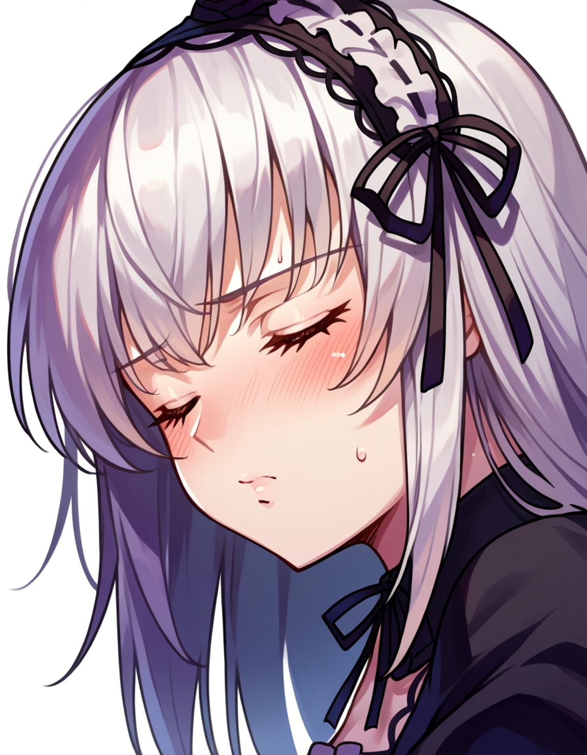 source_anime, score_9, score_8_up, <lora:char-suigintou-v2> suigintou, fanart, 1girl, blush, solo, closed eyes, incoming kiss, sweatdrop, simple background, sweat, white background, portrait, close-up, sensitive