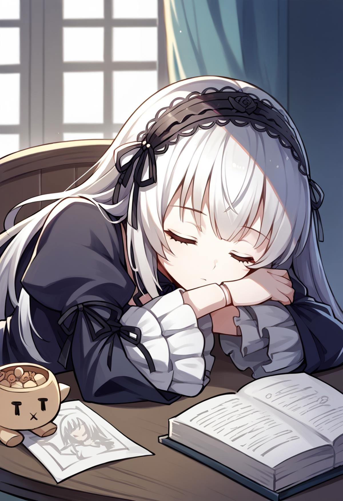 source_anime, score_9, score_8_up, <lora:char-suigintou-v2> suigintou, fanart, 1girl, solo, closed eyes, sleeping, doll, figure, table, indoors, head rest, upper body