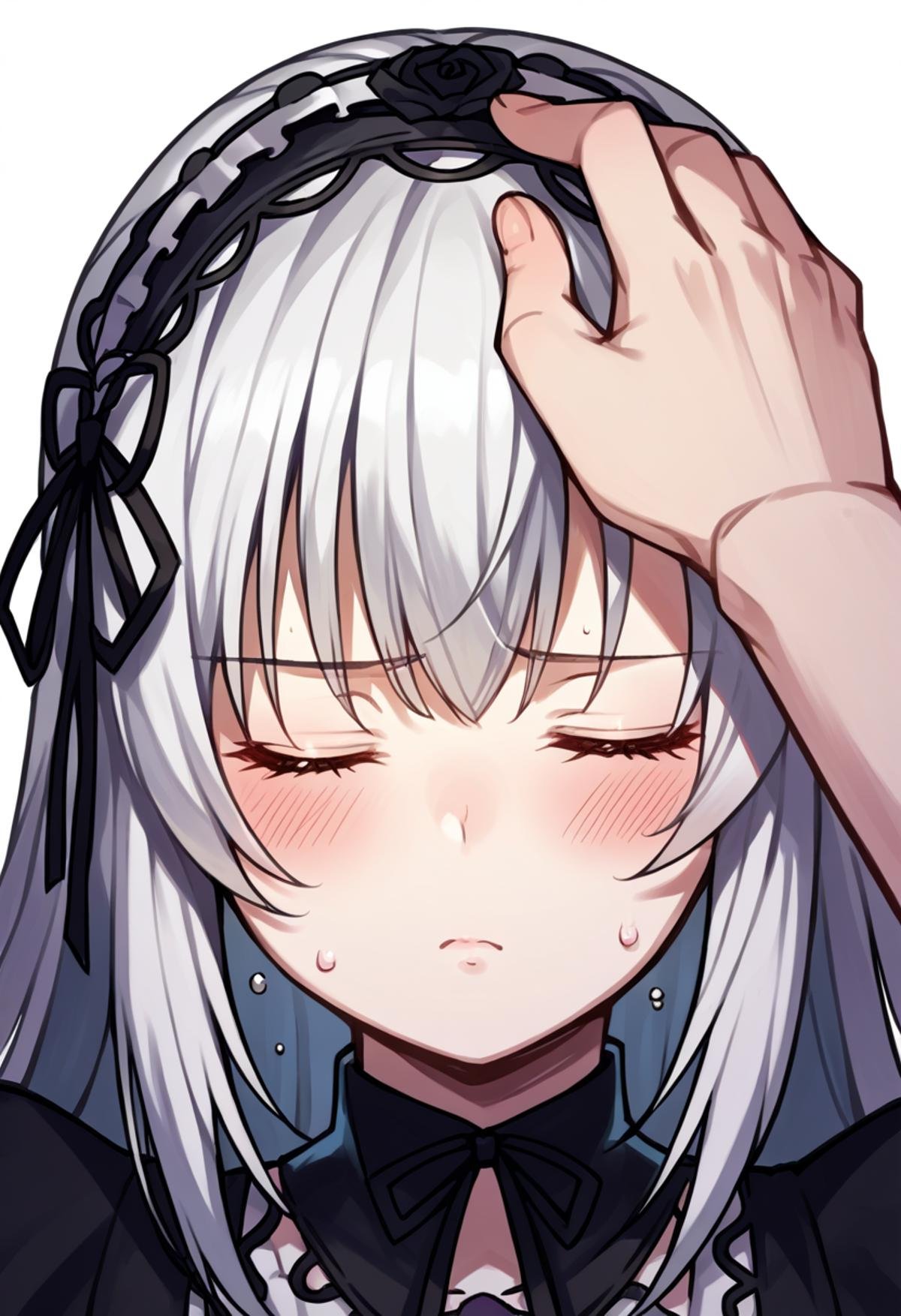 source_anime, score_9, score_8_up, <lora:char-suigintou-v2> suigintou, fanart, 1girl, blush, solo, closed eyes, sweatdrop, simple background, headpat, pov, sweat, white background, portrait, close-up, sensitive