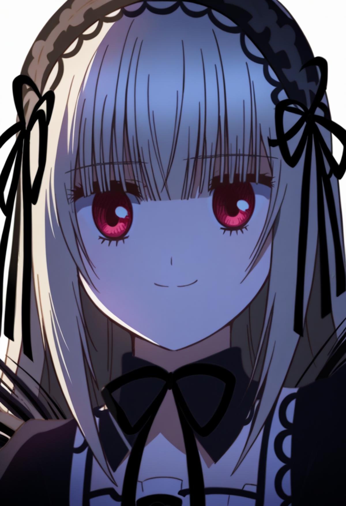 source_anime, score_9, score_8_up, <lora:char-suigintou-v2> suigintou, Zuruckspulen, 1girl, solo, close-up, dark, looking at viewer, portrait, closed mouth, smile, eye focus