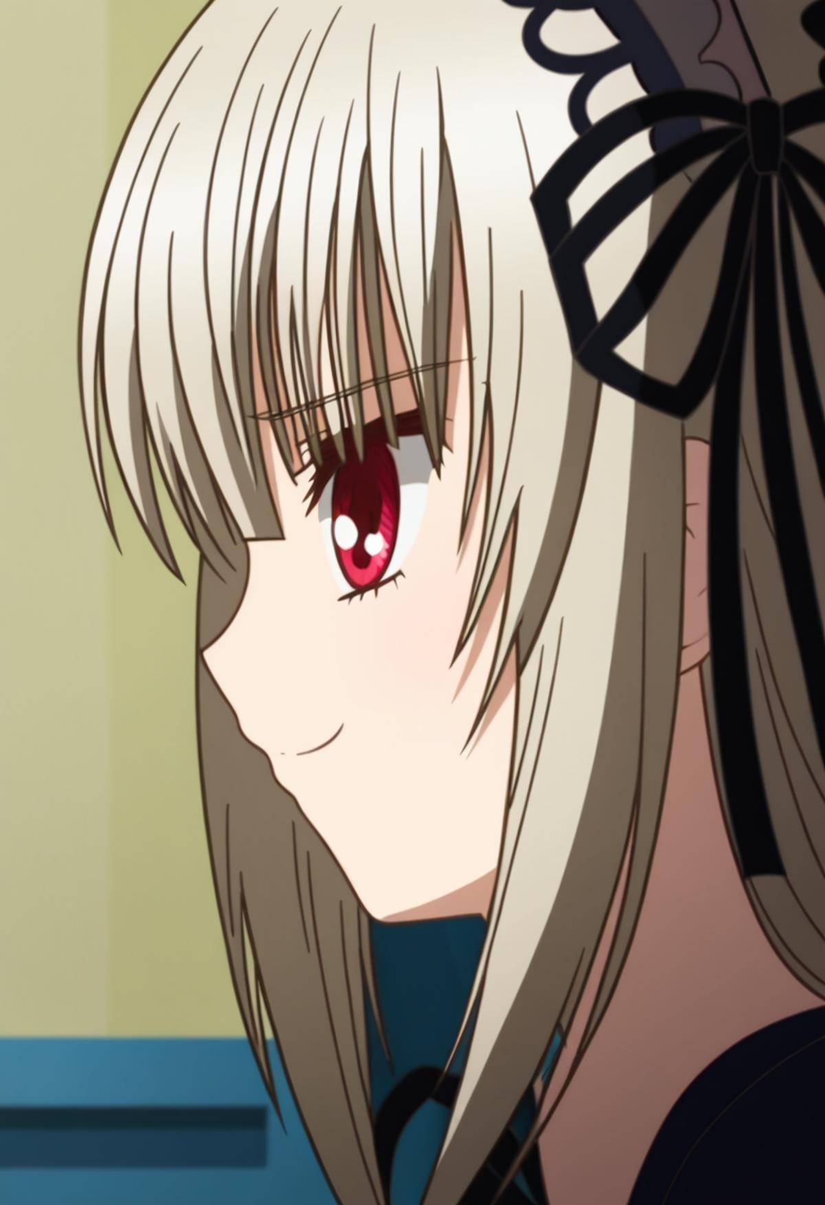 anime screenshot, <lora:char-suigintou-v2> suigintou, Zuruckspulen, 1girl, solo, profile, smile, portrait, looking at viewer, close-up, closed mouth, from side