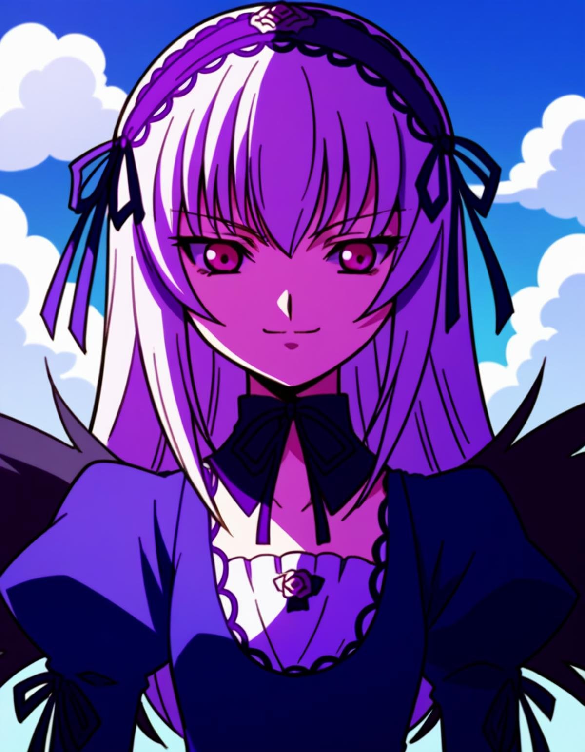 source_anime, score_9, score_8_up, <lora:char-suigintou-v2> suigintou, traumend, 1girl, solo, pink eyes, parody, wings, smile, purple eyes, sky, portrait, style parody, cloud, closed mouth, upper body, safe