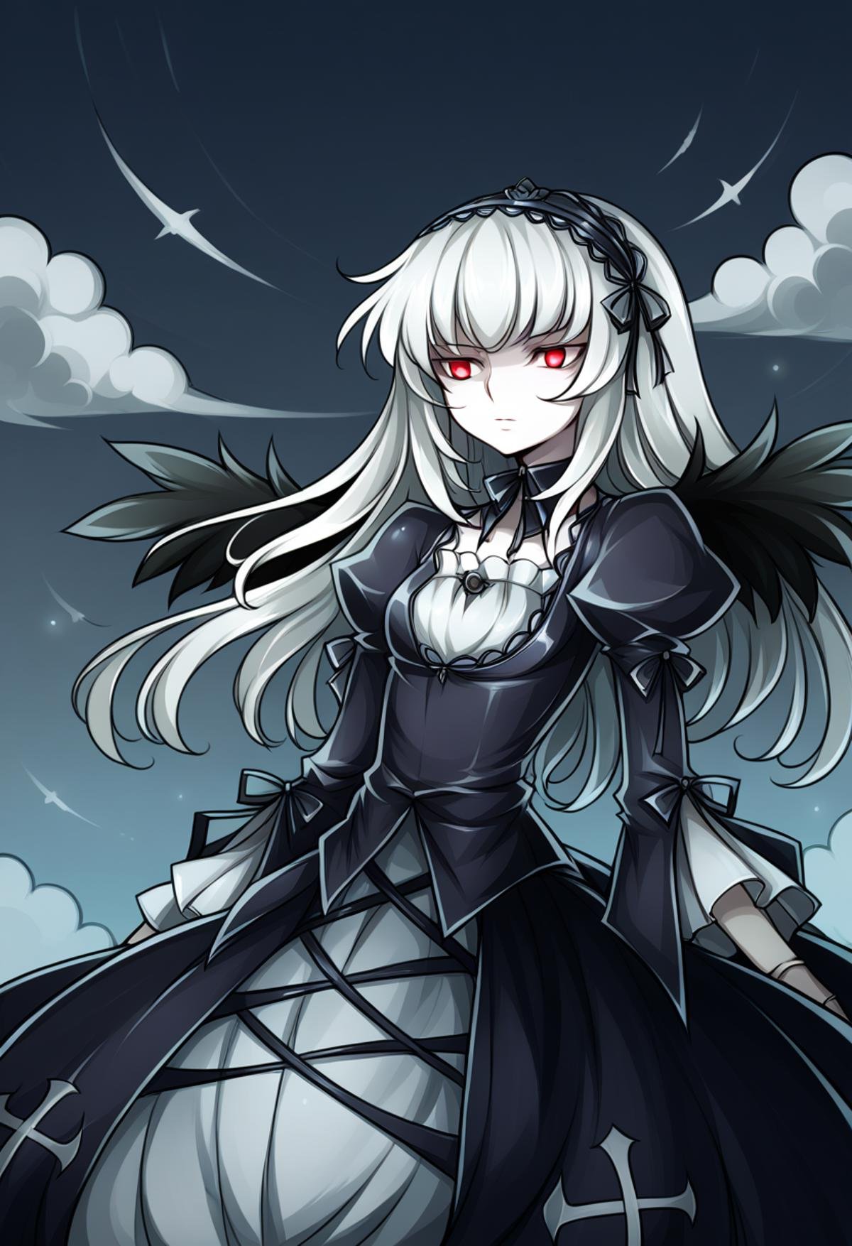 source_anime, score_9, score_8_up, <lora:char-suigintou-v2> suigintou, mtyy, 1girl, black theme, cloud, dark, dress, hairband, red eyes, solo, wings