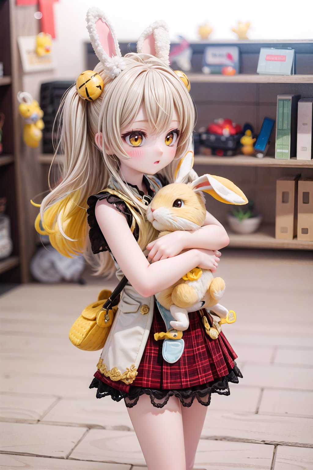 Yaoyao_Impact, full_body, blurry_background, stuffed toy, stuffed animal, loli, hug stuffed rabbit  
with 2 hands, outdoor, yellow rabbit,