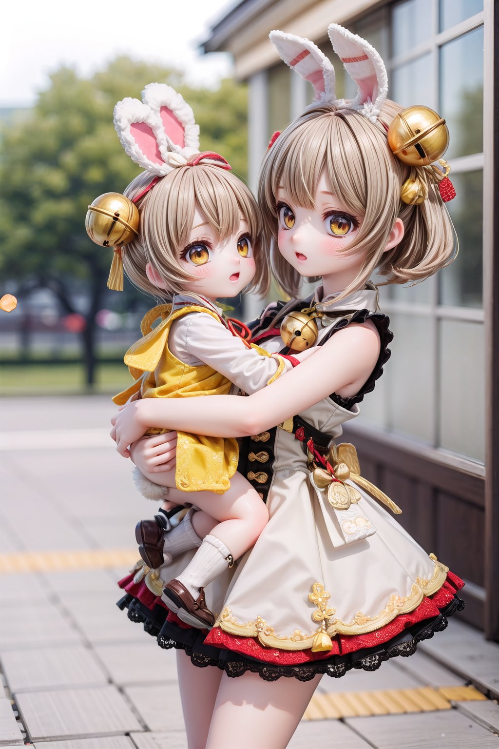 Yaoyao_Impact, full_body, blurry_background, loli, hug stuffed rabbit with 2 hands, outdoor, yellow rabbit, 1girl, solo_female, yaoyao style, brown hair, brown eyes, short hair, hair bell,