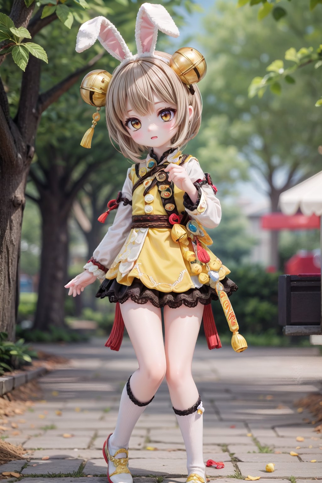 Yaoyao_Impact, full_body, blurry_background, loli, hug stuffed rabbit with 2 hands, outdoor, yellow rabbit, 1girl, solo_female, yaoyao style, brown hair, brown eyes, short hair, hair bell, stuffed bunny,