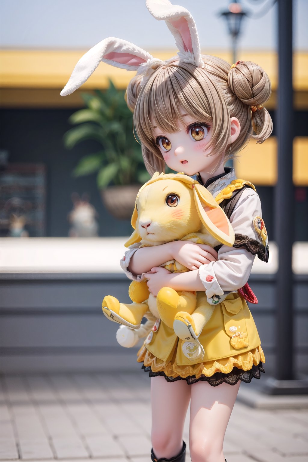 Yaoyao_Impact, full_body, blurry_background, loli, hug stuffed rabbit with 2 hands, outdoor, yellow rabbit, 1girl, solo_female, yaoyao style, brown hair, brown eyes, short hair,