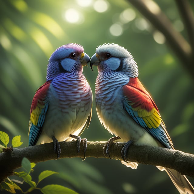 A close-up shot of a pair of lovebirds, their heads touching affectionately, nestled together on a delicate tree branch. The scene is softly lit by the morning sun, highlighting their vibrant plumage. The composition focuses on their intertwined bodies, capturing the warmth and intimacy of their bond. The background is a blurred, lush green forest, emphasizing the lovebirds as the central subjects.