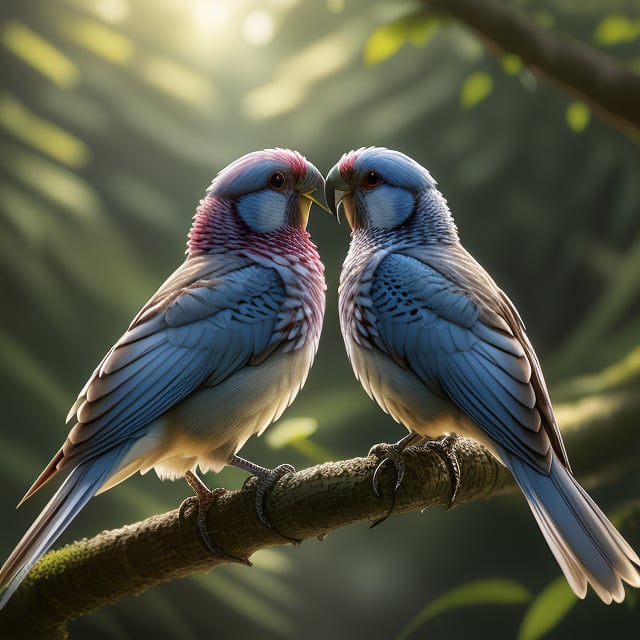 A close-up shot of a pair of lovebirds, their heads touching affectionately, nestled together on a delicate tree branch. The scene is softly lit by the morning sun, highlighting their vibrant plumage. The composition focuses on their intertwined bodies, capturing the warmth and intimacy of their bond. The background is a blurred, lush green forest, emphasizing the lovebirds as the central subjects.