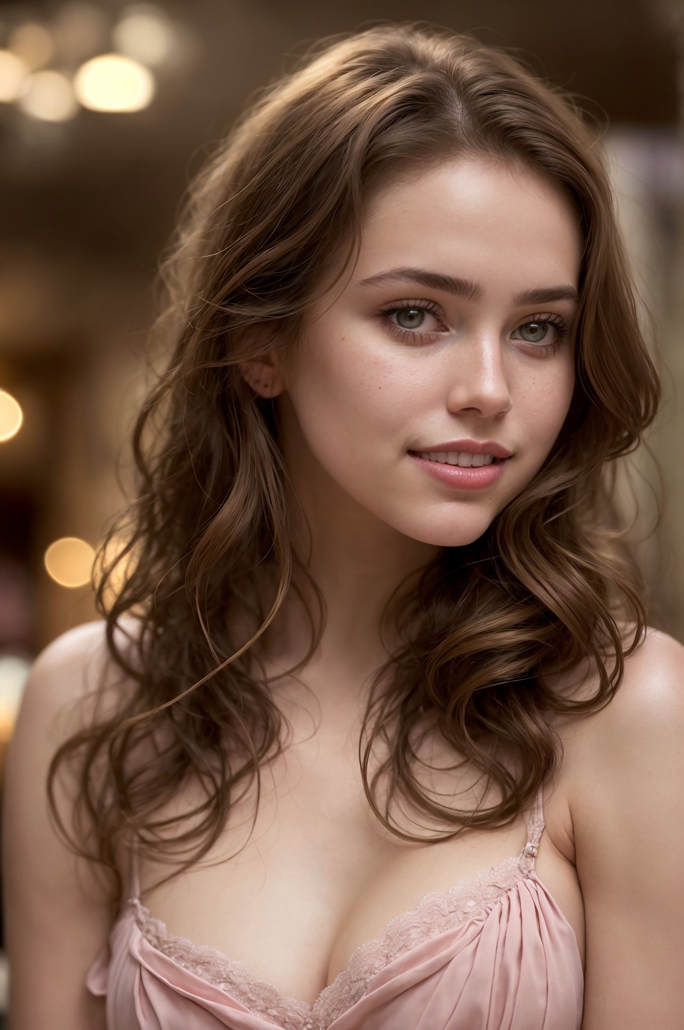 (((full body view:1.2))), stunningly beautiful (((extremely innocent face ))), wild hair, ((best quality)), ((masterpiece)), (detailed), ana de armas, highly detailed HDR photo, 8k quality, best quality, high resolution ultra photorealistic, high definition, highly detailed photo, photon mapping, dynamic angle, professional lighting, highly detailed face and body,expressive eyes, perfectly detailed face, smile, gorgeous face, real skin details, soft skin, looking at viewer, raw, photorealistic, real, perfect skin, real skin, realistic photo of a mid body shot, , extremely innocent face, very beautiful, cheerful, laughing, clever naughty smile, , she is wearing a loose PINK color gown, she smile like gentle love goddess, very long tresses, golden hair, brown hair, expressive face, divine eyes,, Wide-angle view of a pretty fashion model looking at the camera, expressing a complaint as if it's our fault, sad and thoughtful, sipping coffee in a dark, cozy coffee shop with rain outside, vibrant ambience, lively atmosphere, adorned with fairy lights and candles, captured in photorealistic detail with real skin textures, soft lighting, and presented as an absurdres masterpiece.