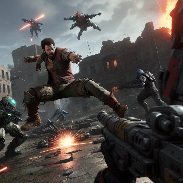 A dynamic action scene in a post-apocalyptic setting, featuring a rugged man in tattered combat gear, mid-fight with multiple menacing robots. The environment is desolate, with crumbling buildings and eerie, overcast skies. The man is in a dynamic pose, dodging laser blasts, with intense, dramatic lighting highlighting the action. Composition focuses on the man's determined expression and the mechanical adversaries' glowing eyes and weaponry.