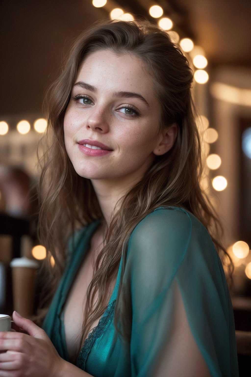 mid-body view of a stunningly beautiful woman with an extremely innocent face, sarah. She has wild, golden-brown hair flowing down her back, captured in an 8K HDR photo with ultra-photorealistic quality. The image is a masterpiece, featuring highly detailed skin textures, soft lighting, and dynamic angles. She wears a loose teal blue gown, shirt, smiling with a clever, naughty charm, her eyes expressive and divine. The scene shifts to a dark, cozy coffee shop with rain outside, vibrant with fairy lights and candles. She looks at the camera, sipping coffee, her expression a mix of sadness and thoughtfulness, all presented in absurdres photorealism with real skin details and a lively atmosphere.