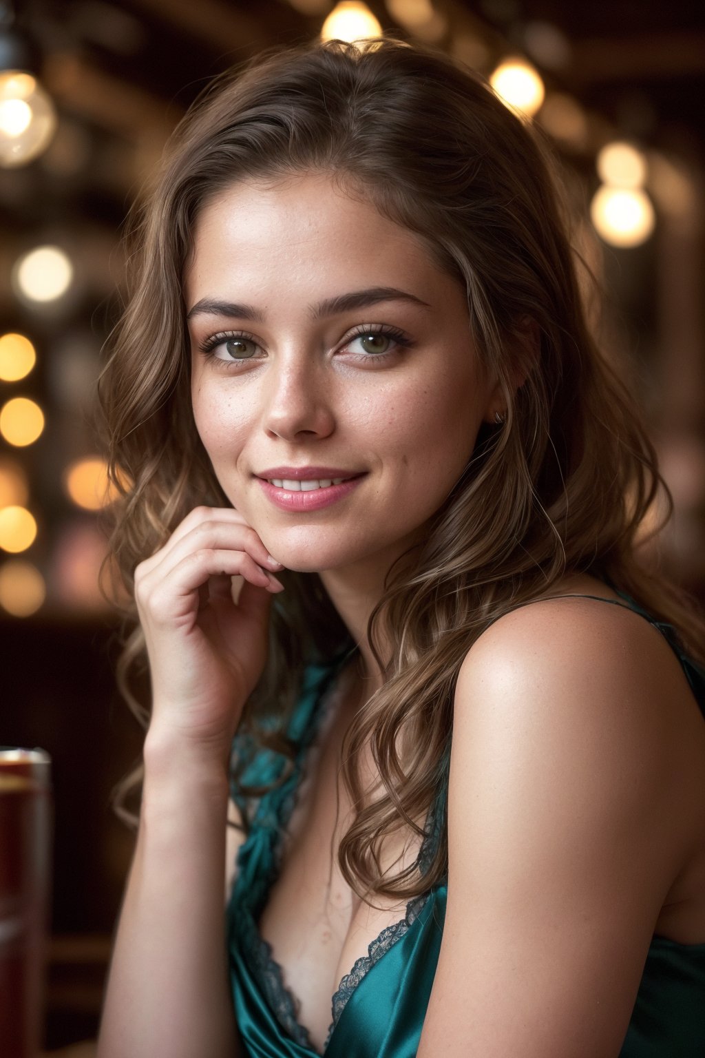 mid-body view of a stunningly beautiful woman with an extremely innocent face, maya. She has wild, golden-brown hair flowing down her back, captured in an 8K HDR photo with ultra-photorealistic quality. The image is a masterpiece, featuring highly detailed skin textures, soft lighting, and dynamic angles. She wears a loose teal blue gown, shirt, smiling with a clever, naughty charm, her eyes expressive and divine. The scene shifts to a dark, cozy coffee shop with rain outside, vibrant with fairy lights and candles. She looks at the camera, sipping coffee, her expression a mix of sadness and thoughtfulness, all presented in absurdres photorealism with real skin details and a lively atmosphere.