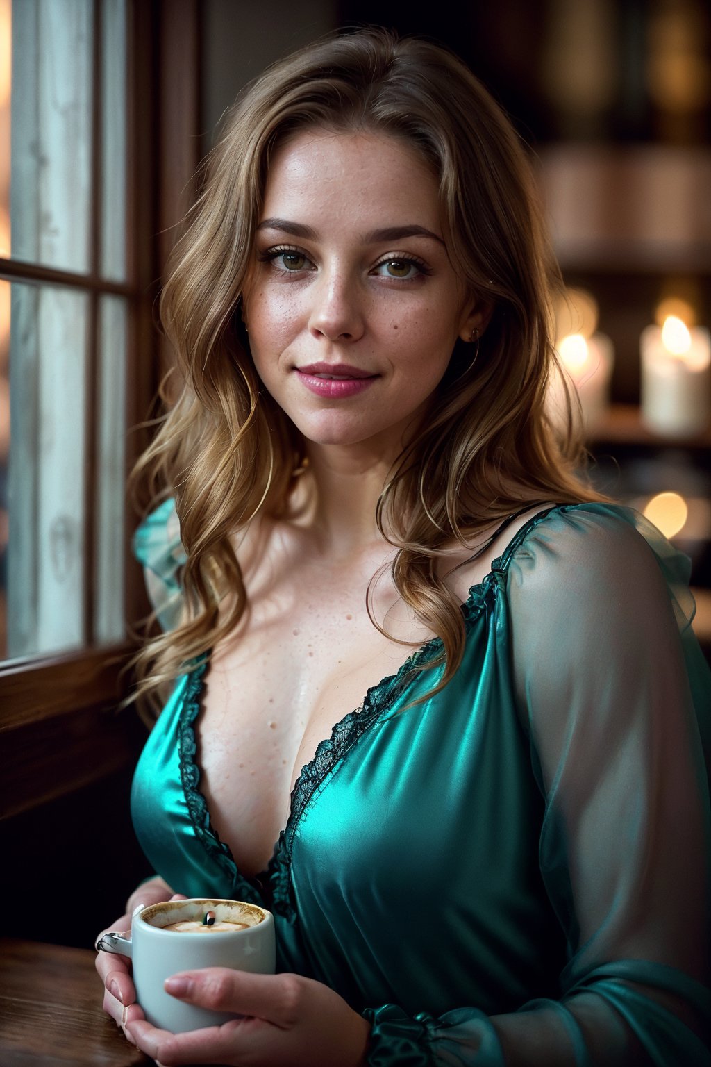 mid-body view of a stunningly beautiful woman with an extremely innocent face, sarah. She has wild, golden-brown hair flowing down her back, captured in an 8K HDR photo with ultra-photorealistic quality. The image is a masterpiece, featuring highly detailed skin textures, soft lighting, and dynamic angles. She wears a loose teal blue gown, shirt, smiling with a clever, naughty charm, her eyes expressive and divine. The scene shifts to a dark, cozy coffee shop with rain outside, vibrant with fairy lights and candles. She looks at the camera, sipping coffee, her expression a mix of sadness and thoughtfulness, all presented in absurdres photorealism with real skin details and a lively atmosphere.