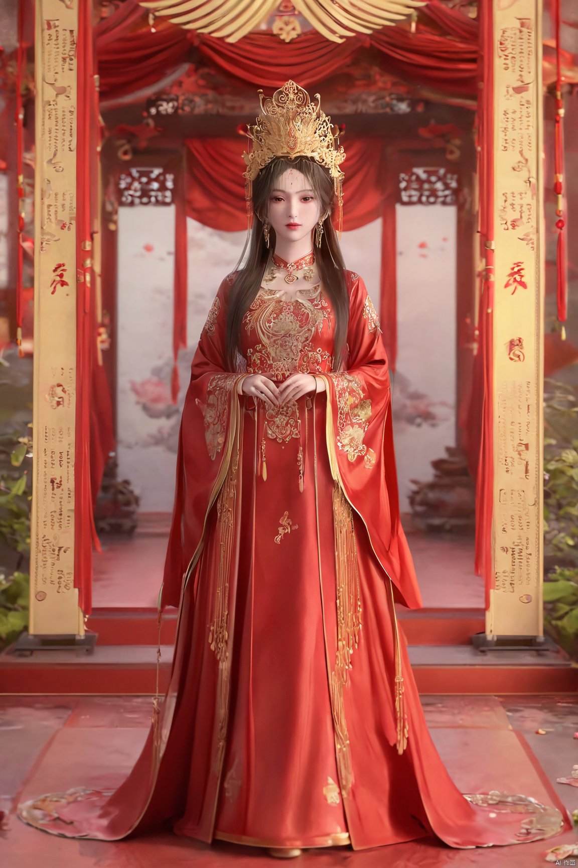 masterpiece,1girl,full_body,chinese clothes,crown,floral print,gem,gold,jewelry,lips,lipstick,long hair,looking at viewer,makeup,red lips,solo,earrings,hair ornament,necklace,red dress,Red cloth shoes,indoor, traditional wedding, festive, wedding, ,Xlimuwan, hanfu,fengguanxiapei,,(big breasts:1.69), Yunxiao_xianzi,Xtianqiong,Xsulingyun,