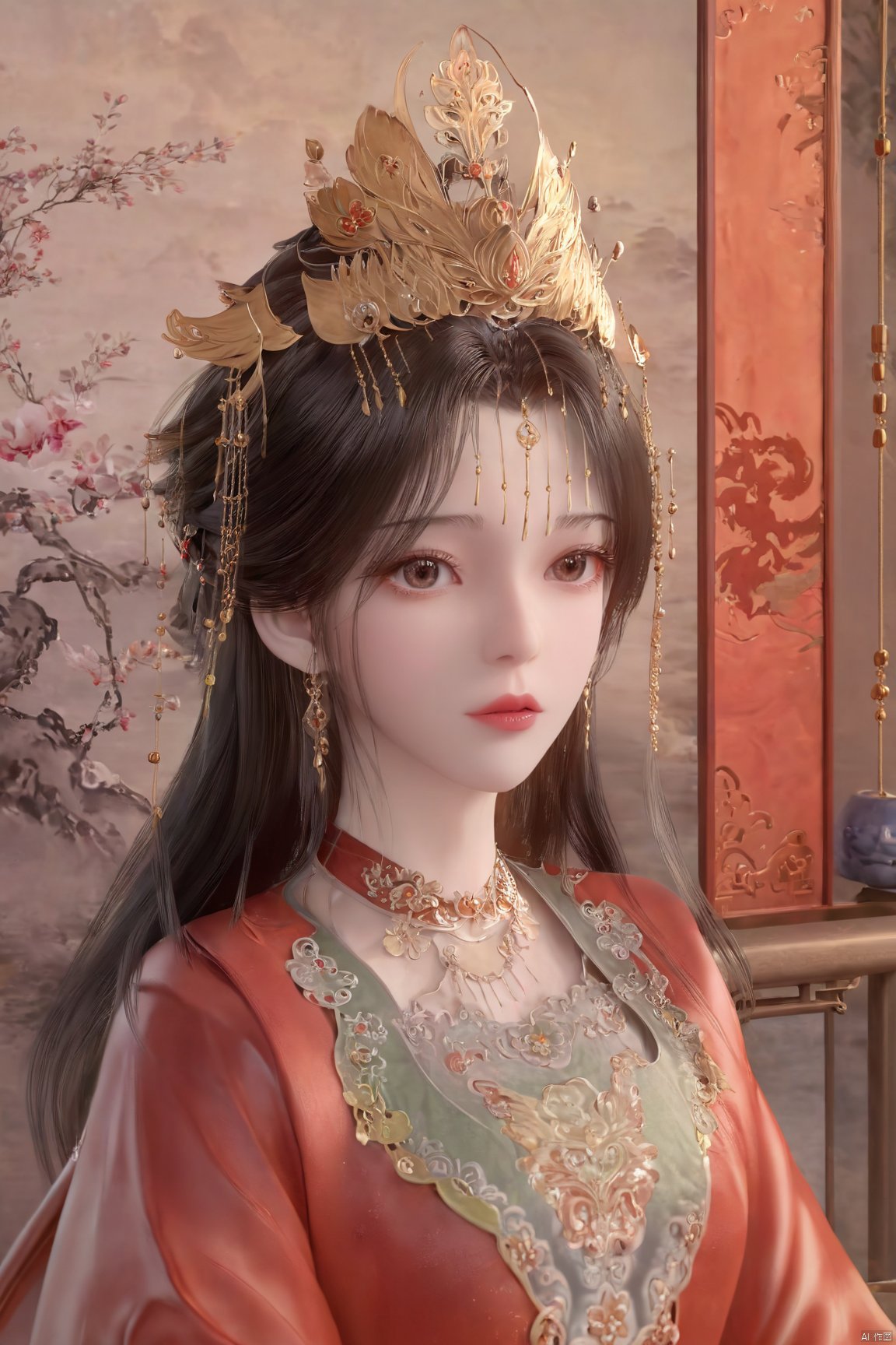 masterpiece,1girl,artist name,bangs,black eyes,black hair,chinese clothes,crown,floral print,gem,gold,jewelry,lips,lipstick,long hair,looking at viewer,makeup,red lips,solo,earrings,hair ornament,necklace,red dress,Red cloth shoes,indoor, traditional wedding, festive, wedding, ,Xlimuwan, hanfu,fengguanxiapei,,(big breasts:1.39), Yunxiao_xianzi,Xtianqiong,Xsulingyun, traditional chinese ink painting