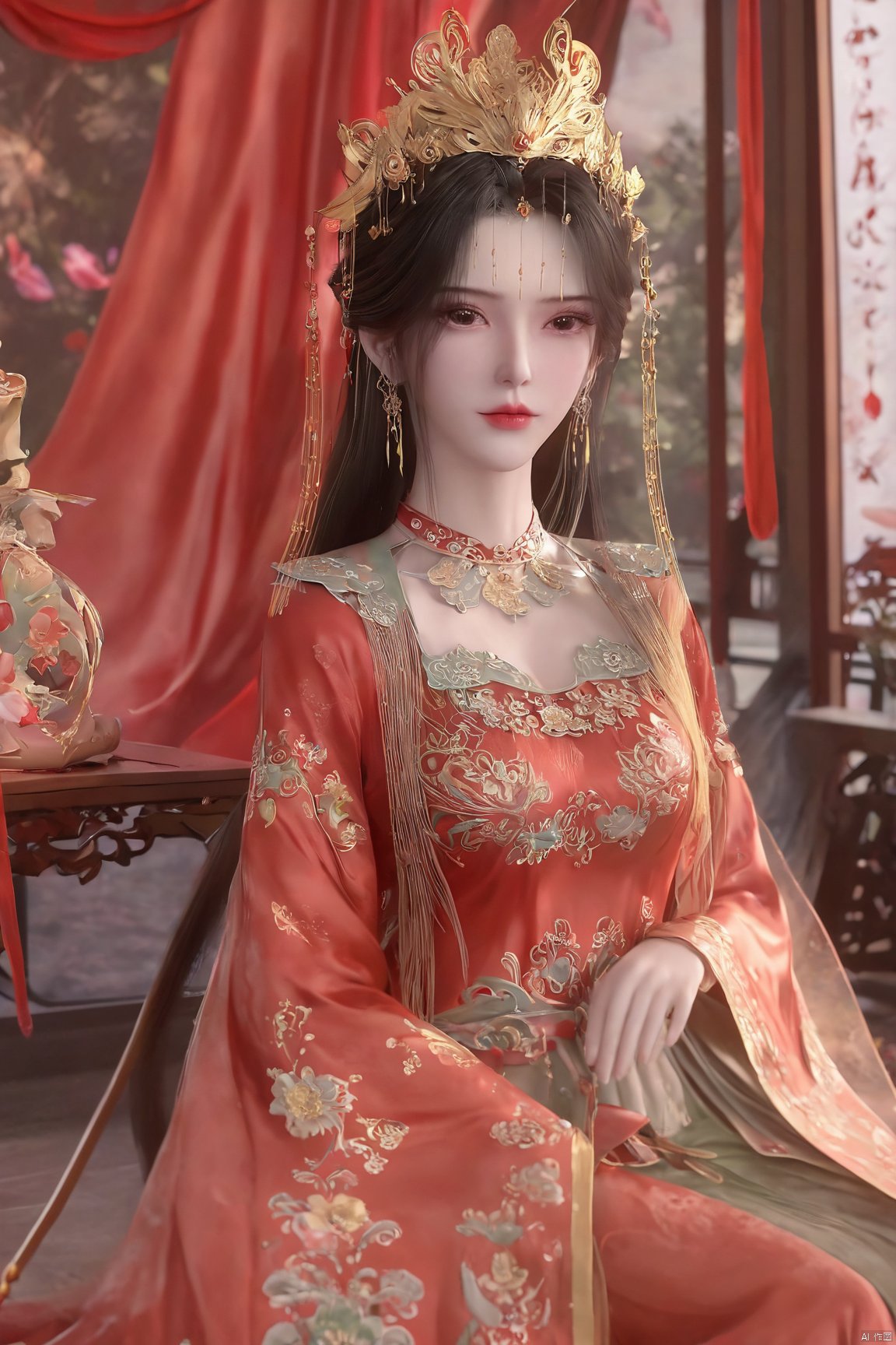 masterpiece,1girl,chinese clothes,crown,floral print,gem,gold,jewelry,lips,lipstick,long hair,looking at viewer,makeup,red lips,solo,earrings,hair ornament,necklace,red dress,Red cloth shoes,indoor, sitting,traditional wedding, festive, wedding, ,Xlimuwan,full_body, hanfu,fengguanxiapei,,(big breasts:1.69), Yunxiao_xianzi,Xtianqiong,Xsulingyun,