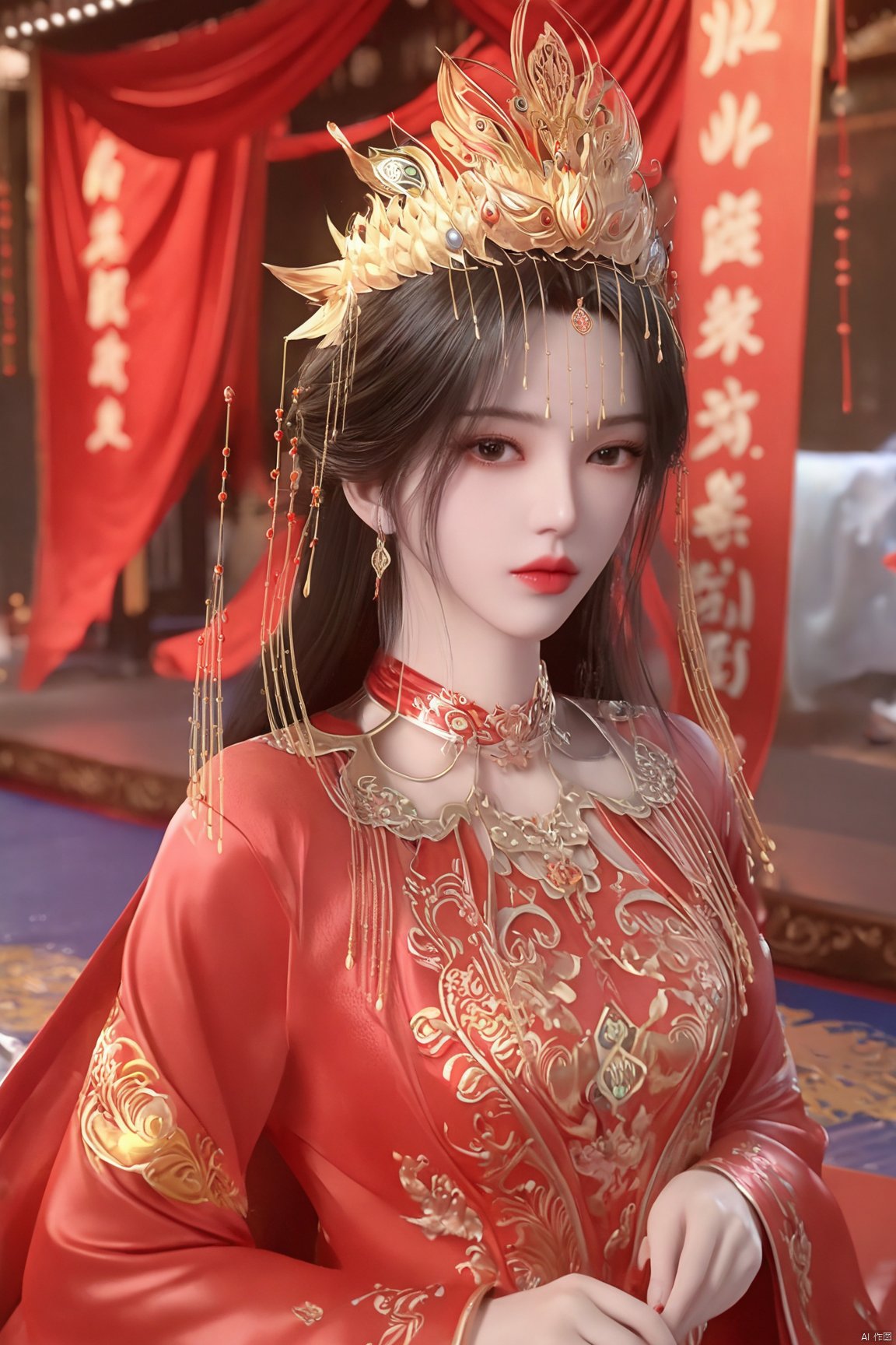 masterpiece,1girl,full_body,chinese clothes,crown,floral print,gem,gold,jewelry,lips,lipstick,long hair,looking at viewer,makeup,red lips,solo,earrings,hair ornament,necklace,red dress,Red cloth shoes,indoor, sitting,traditional wedding, festive, wedding, ,Xlimuwan, hanfu,fengguanxiapei,,(big breasts:1.79), Yunxiao_xianzi,Xtianqiong,Xsulingyun,