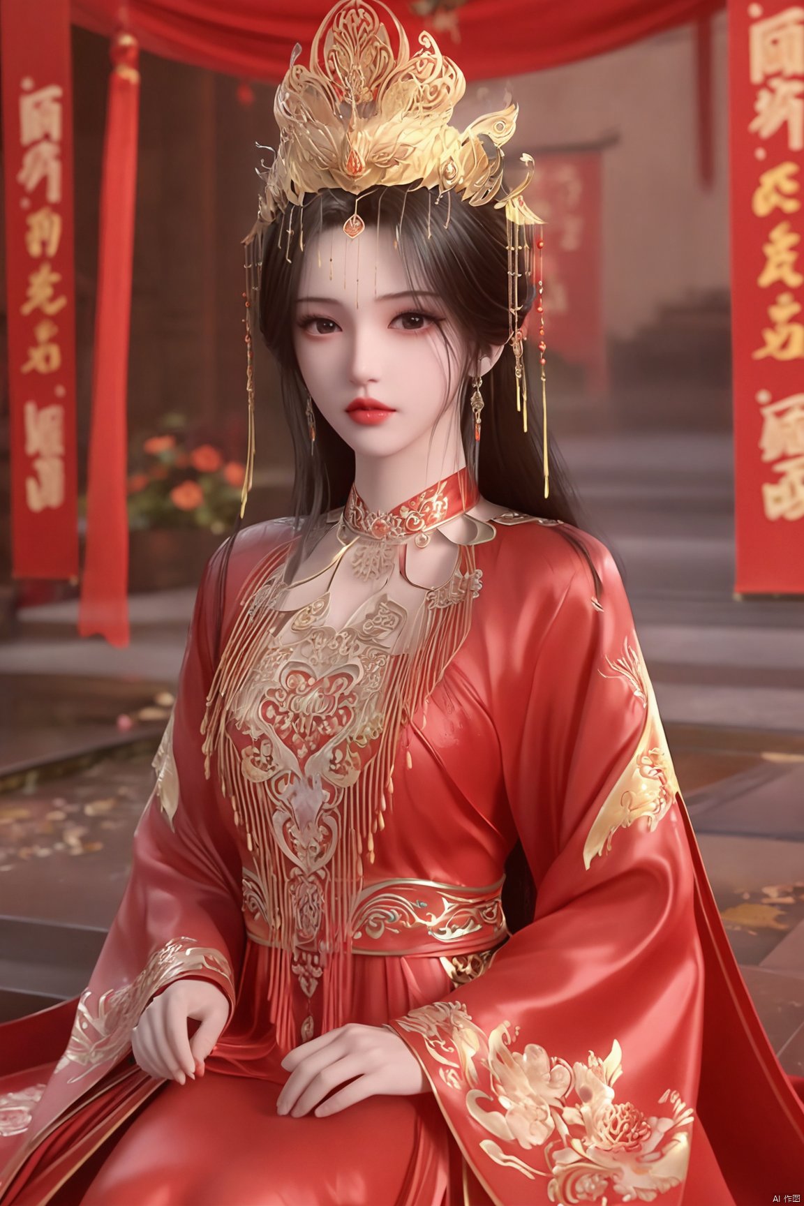 masterpiece,1girl,full_body,chinese clothes,crown,floral print,gem,gold,jewelry,lips,lipstick,long hair,looking at viewer,makeup,red lips,solo,earrings,hair ornament,necklace,red dress,Red cloth shoes,indoor, sitting,traditional wedding, festive, wedding, ,Xlimuwan, hanfu,fengguanxiapei,,(big breasts:1.79), Yunxiao_xianzi,Xtianqiong,Xsulingyun,