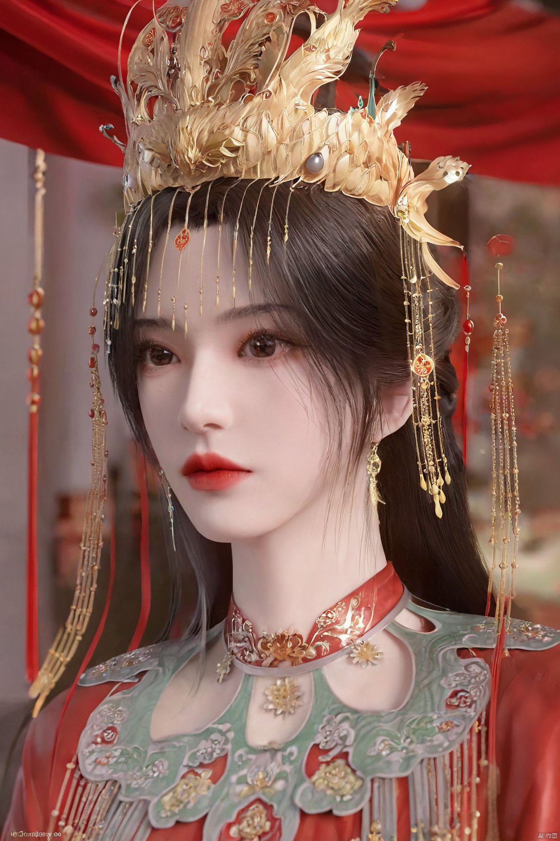 masterpiece,1girl,artist name,bangs,black eyes,black hair,chinese clothes,crown,floral print,gem,gold,jewelry,lips,lipstick,long hair,looking at viewer,makeup,red lips,solo,earrings,hair ornament,necklace,red dress,Red cloth shoes,indoor, traditional wedding, festive, wedding, ,Xlimuwan, hanfu,fengguanxiapei,,(big breasts:1.39), Yunxiao_xianzi,Xtianqiong,Xsulingyun, traditional chinese ink painting