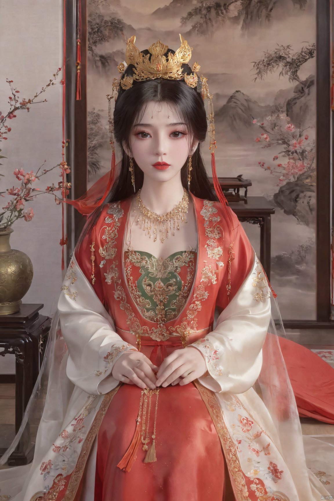 masterpiece,1girl,artist name,bangs,black eyes,black hair,chinese clothes,crown,floral print,gem,gold,jewelry,lips,lipstick,long hair,looking at viewer,makeup,red lips,solo,earrings,hair ornament,necklace,red dress,Red cloth shoes,indoor, traditional wedding, festive, wedding, ,Xlimuwan, hanfu,fengguanxiapei,,(big breasts:1.39), Yunxiao_xianzi,Xtianqiong,Xsulingyun, traditional chinese ink painting,black and white ink painting