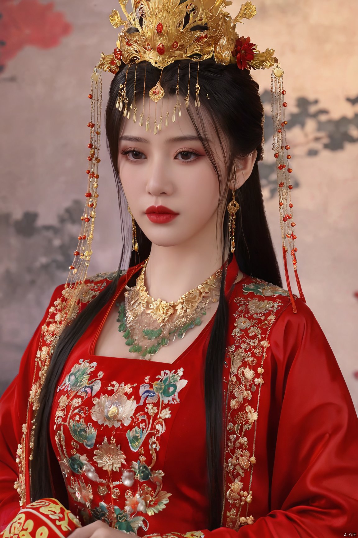 masterpiece,1girl,artist name,bangs,black eyes,black hair,chinese clothes,crown,floral print,gem,gold,jewelry,lips,lipstick,long hair,looking at viewer,makeup,red lips,solo,earrings,hair ornament,necklace,red dress,Red cloth shoes,indoor, traditional wedding, festive, wedding, ,Xlimuwan, hanfu,fengguanxiapei,,(big breasts:1.39), Yunxiao_xianzi,Xtianqiong,Xsulingyun, traditional chinese ink painting,black and white ink painting