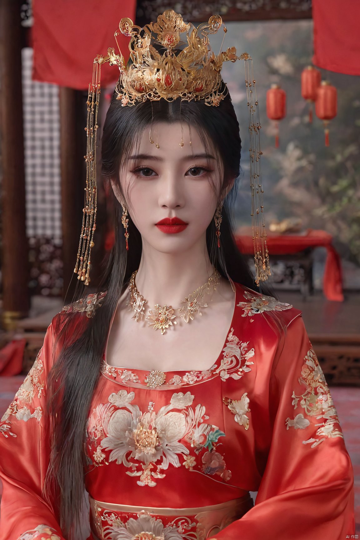 masterpiece,1girl,artist name,bangs,black eyes,black hair,chinese clothes,crown,floral print,gem,gold,jewelry,lips,lipstick,long hair,looking at viewer,makeup,red lips,solo,earrings,hair ornament,necklace,red dress,Red cloth shoes,indoor, traditional wedding, festive, wedding, ,Xlimuwan, hanfu,fengguanxiapei,,(big breasts:1.39), Yunxiao_xianzi,Xtianqiong,Xsulingyun, traditional chinese ink painting