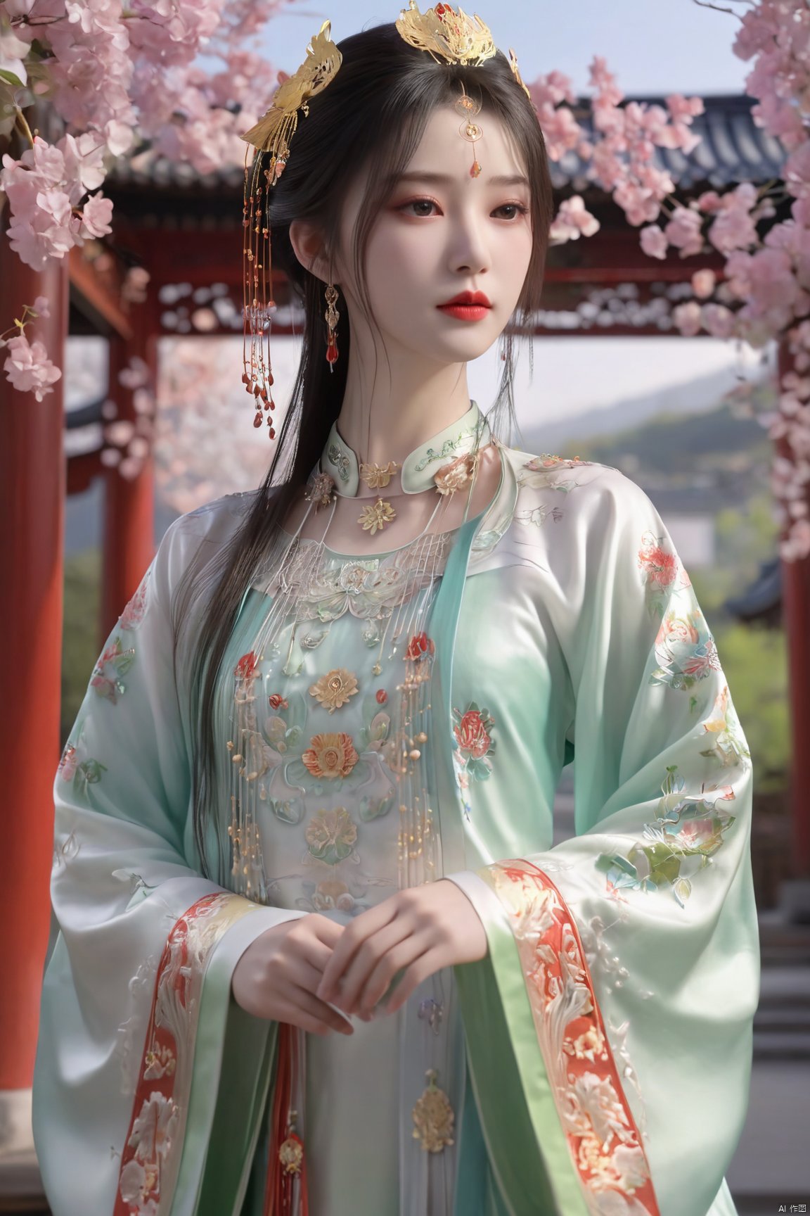  (best quality,masterpiece),Xlimuwan,1girl,solo,very long hair,looking at viewer,jewelry,closed mouth,,sunlight,(big breasts:1.39),X-Hydrangea, song_hanfu,Xliushen,Xyunluo