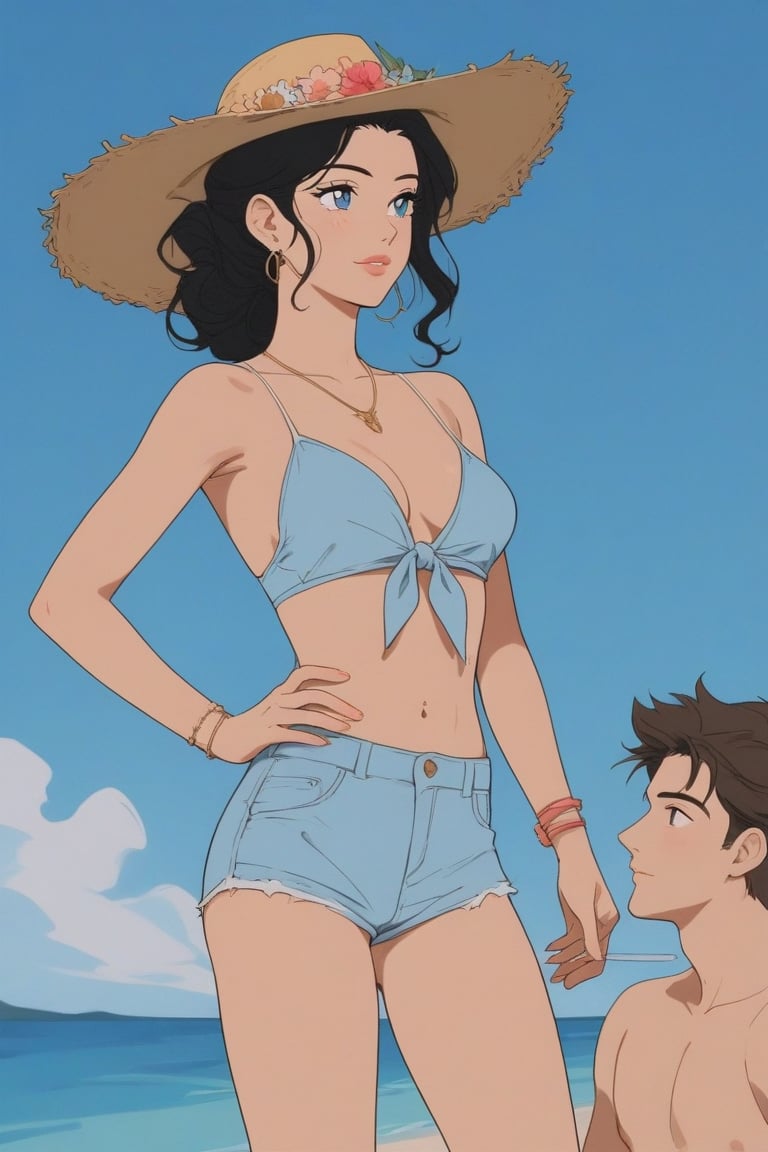 LO-FI,1boy,natural simple,blue eyes,((Masterpiece)),Straw hat,Open flower shirt, blue shorts, Cuban beach