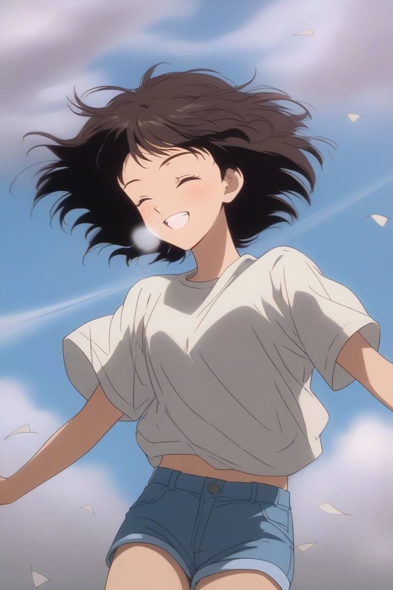 LO-FI,A girl, short hair, black, yellow eyes, bright, smile, eyes closed, breathing, wind, short white shirt, short jean shorts, 