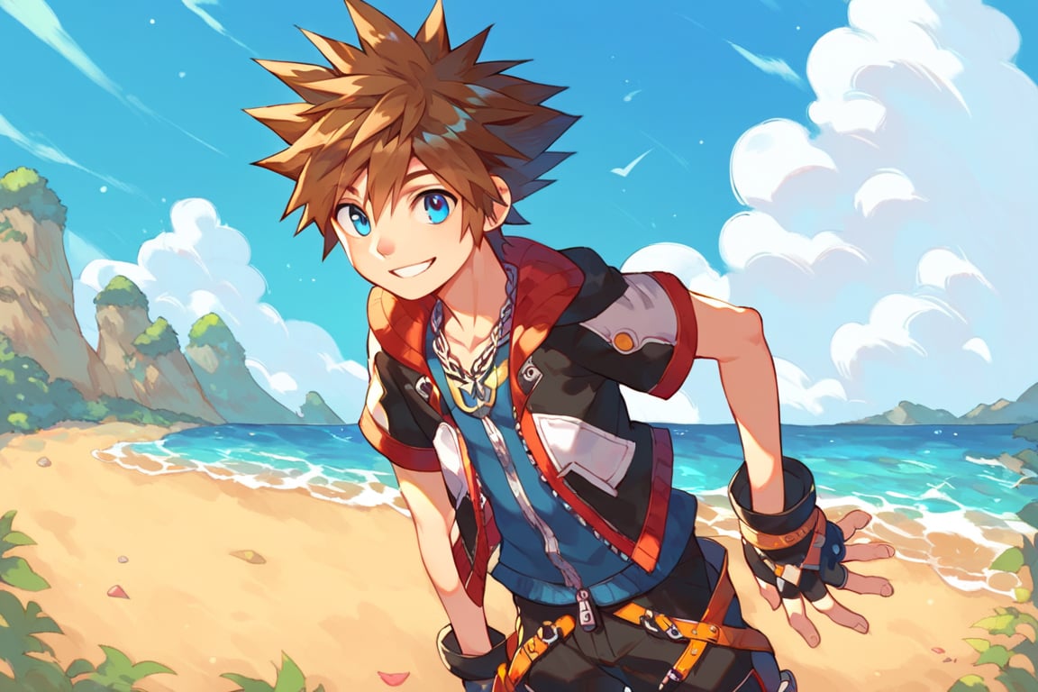 score_9, score_8_up, source_anime, highly detailed, 1boy, solo, male_focus slender, skinny, human child,
sora, spiked hair, male focus, 1boy, brown hair, blue eyes, gloves, jewelry, solo, smile, fingerless gloves, zipper, standing, necklace,
outdoor, island, beach,