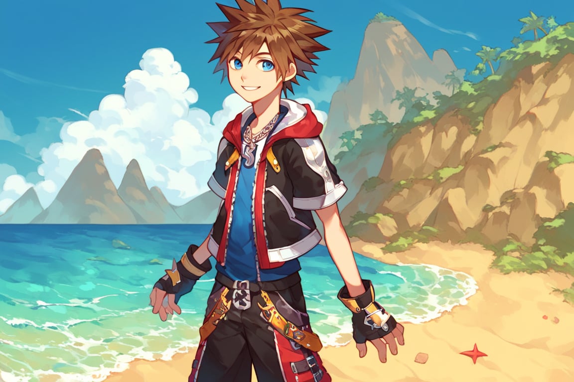 score_9, score_8_up, source_anime, highly detailed, 1boy, solo, male_focus slender, skinny, human child,
sora, spiked hair, male focus, 1boy, brown hair, blue eyes, gloves, jewelry, solo, smile, fingerless gloves, zipper, standing, necklace,
outdoor, island, beach,