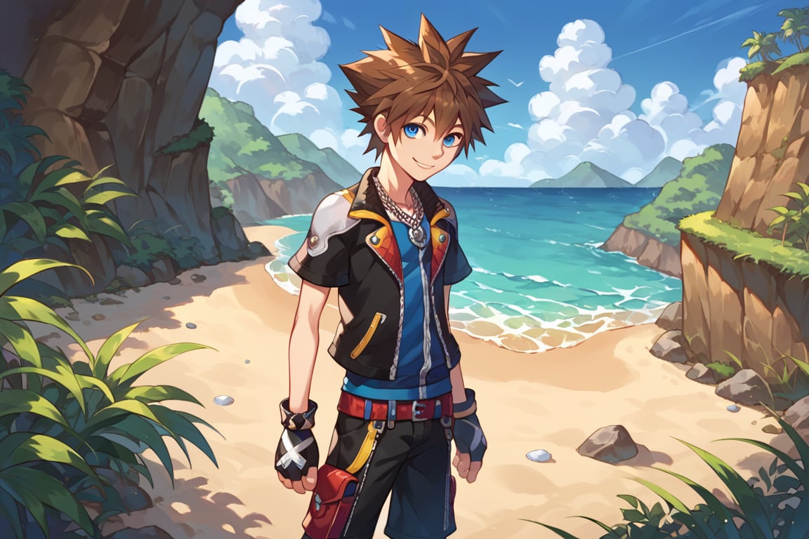 score_9, score_8_up, source_anime, highly detailed, 1boy, solo, male_focus slender, skinny, human child,
sora, spiked hair, male focus, 1boy, brown hair, blue eyes, gloves, jewelry, solo, smile, fingerless gloves, zipper, standing, necklace,
outdoor, island, beach,