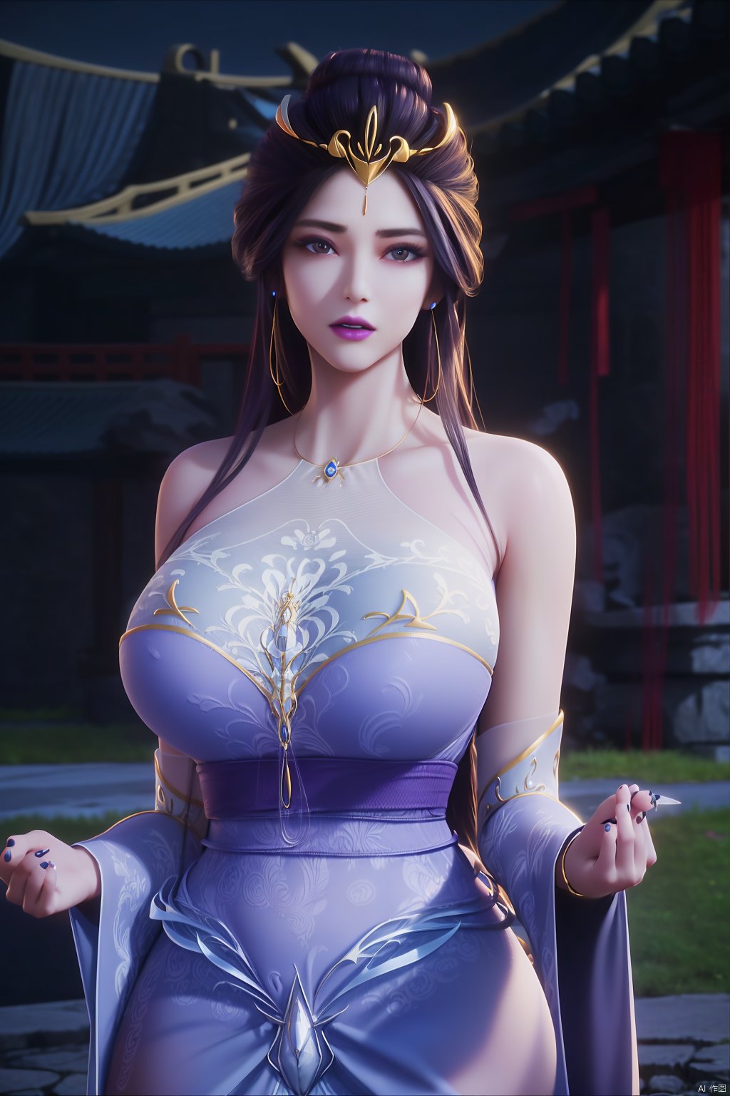 (8k, RAW photo, best quality, masterpiece:1.2), (realistic, photorealistic:1.3), ultra-detailed, extremely detailed cg 8k wallpaper, (crystalstexture skin:1.2), extremely delicate and beautiful,1girl,black, long hair, earrings,chinese clothes,dress,(big breasts),looking at viewer,cowboy shot,(outdoor:1.3),