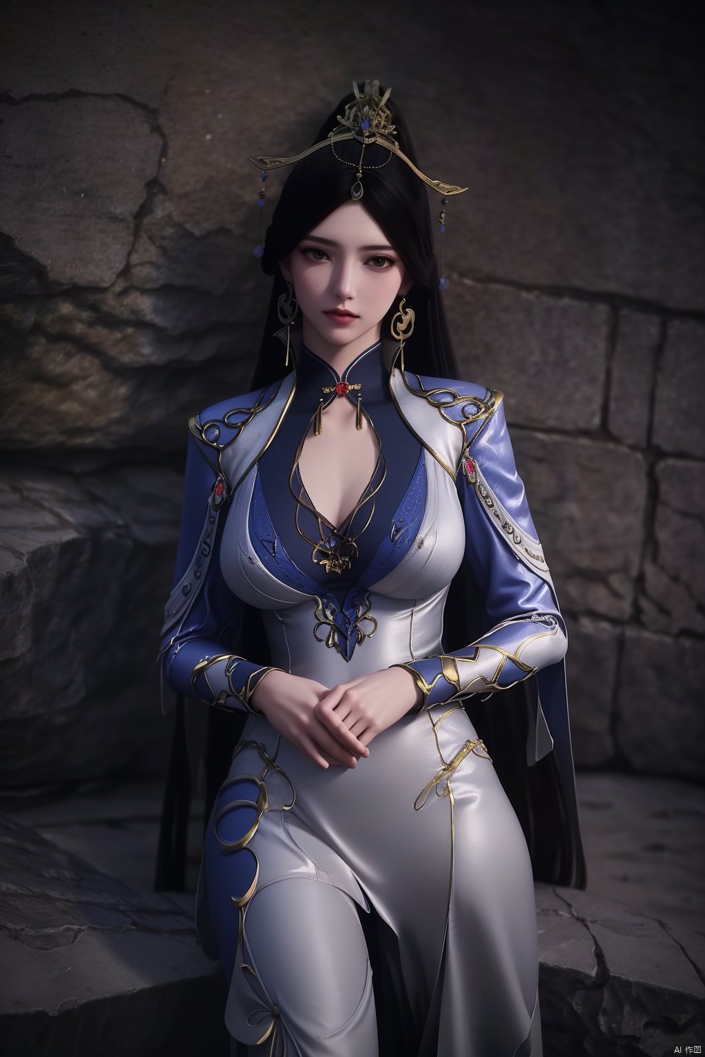 (8k, RAW photo, best quality, masterpiece:1.2), (realistic, photorealistic:1.3), ultra-detailed, extremely detailed cg 8k wallpaper, (crystalstexture skin:1.2), extremely delicate and beautiful,1girl,black, long hair, earrings,chinese clothes,dress,(big breasts),looking at viewer,cowboy shot,(outdoor:1.3),