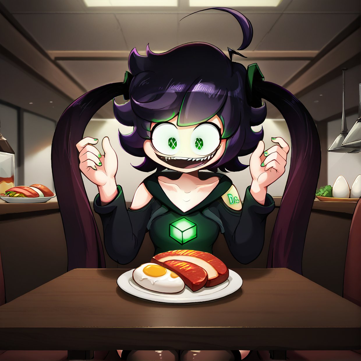 score_9, score_8_up, score_7_up, Spoopystories style, IC0n, 1girl, solo, short purple hair, green eyes, glowing eyes, ahoge, long twin tails, black hoodie, glowing green cube on chest, glowing green tattoos on shoulders, open shoulders, black thighhighs, smile, open mouth, sitting next to a table, hands up, open hands, (looking down), eating, cowboy shot,
BREAK,
(dynamic angle), indoors, (restaurant), table, (eggs and bacon on a plate)