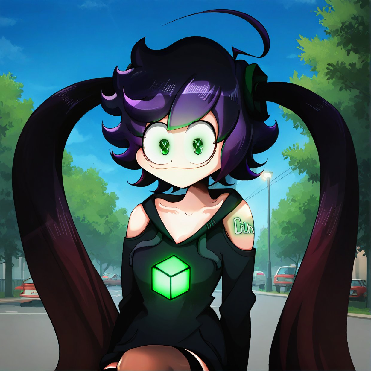 score_9, score_8_up, score_7_up, Spoopystories style, IC0n, 1girl, solo, short purple hair, green eyes, ahoge, long twin tails, black hoodie, glowing green cube on chest, glowing green tattoos on shoulders, open shoulders, black thighhighs, smile, closed mouth, looking at viewer, upper body, BREAK, outdoors, park, urban, blue sky