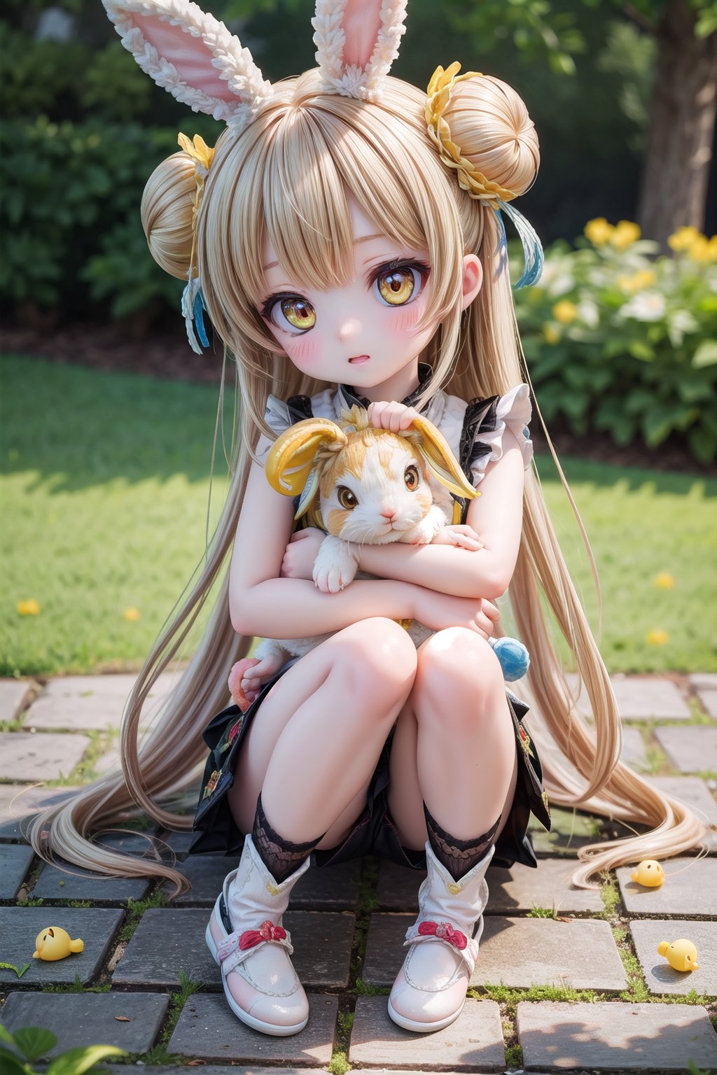 Yaoyao_Impact, full_body, blurry_background, loli, hug stuffed rabbit with 2 hands, outdoor, yellow rabbit, 1girl, solo_female, 