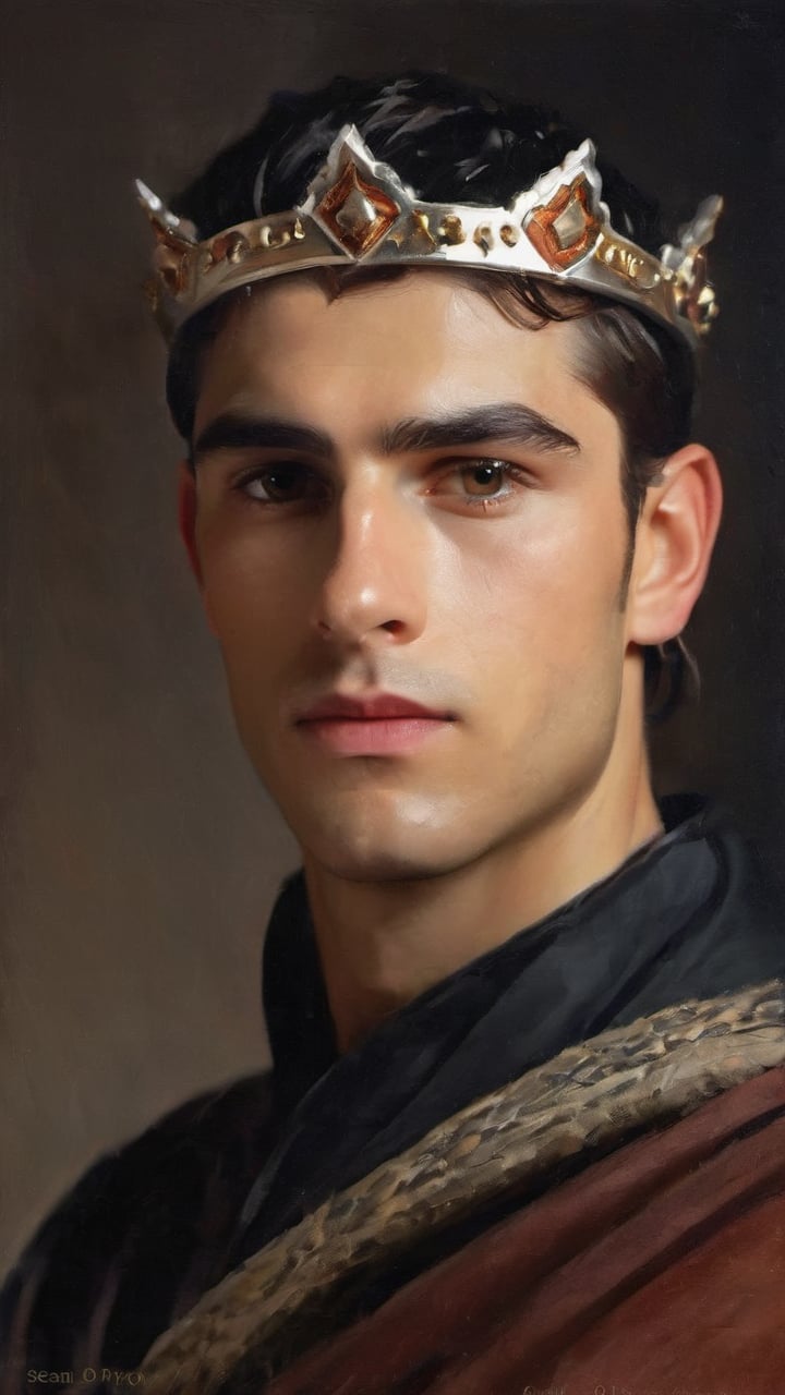 a young handsome Arab prince wearing military royal outfit with armor, wearing a jeweled royal crown, ((sean o pry)), outdoors (dark age, war setting, kingdom village), medieval hero, regal style coat, (royal commander attire:0.4), royalty, victorean era, ethereal, manly, hairy, chest hair, youthful, stubble, 18 years old, envious, shiny, heroic, pale skin, defined jawline, crooked nose, hot, captain, lustful, masculine, mythology, medieval, fantasy, young, alpha male, handsome male, high fantasy, art by wlop, facing in front (portrait close-up), renaissance painting, masterpiece

8k, cinematic lighting, very dramatic, very artistic, soft aesthetic, innocent, art by john singer sargent, greg rutkowski, oil painting, Camera settings to capture such a vibrant and detailed image would likely include: Canon EOS 5D Mark IV, Lens: 85mm f/1.8, f/4.0, ISO 100, 1/500 sec