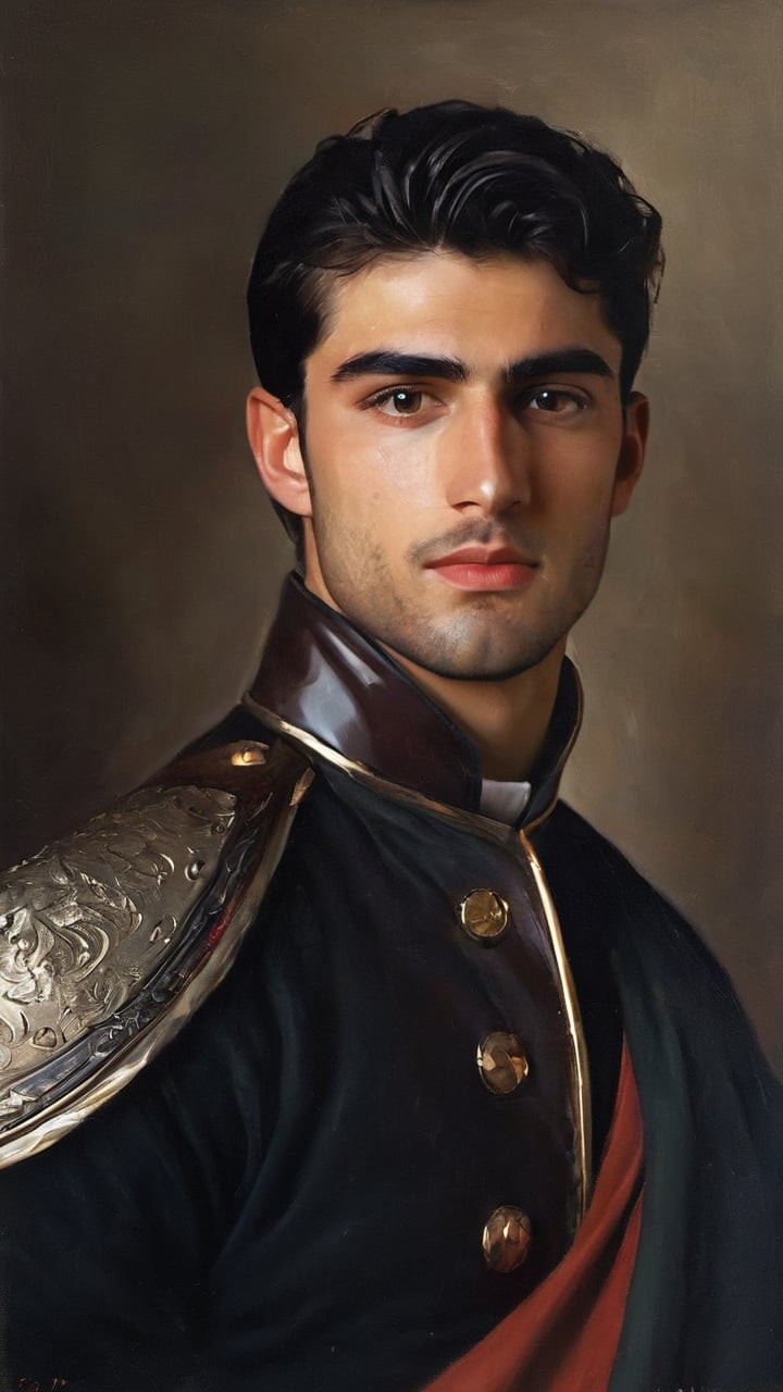 a young handsome Arab persian prince wearing military royal outfit with armor, Shah, Ottoman Empire, wearing a jeweled royal crown, ((sean o pry)), outdoors (dark age, war setting, kingdom village), medieval hero, regal style coat, (royal commander attire:0.4), royalty, victorean era, ethereal, manly, hairy, chest hair, thick eyebrows, youthful, stubble, 18 years old, envious, shiny, heroic, pale skin, defined jawline, crooked nose, hot, captain, lustful, masculine, mythology, medieval, fantasy, young, alpha male, handsome male, high fantasy, art by wlop, facing in front (portrait close-up), renaissance painting, masterpiece, GQ

8k, cinematic lighting, very dramatic, very artistic, soft aesthetic, innocent, art by john singer sargent, greg rutkowski, oil painting, Camera settings to capture such a vibrant and detailed image would likely include: Canon EOS 5D Mark IV, Lens: 85mm f/1.8, f/4.0, ISO 100, 1/500 sec