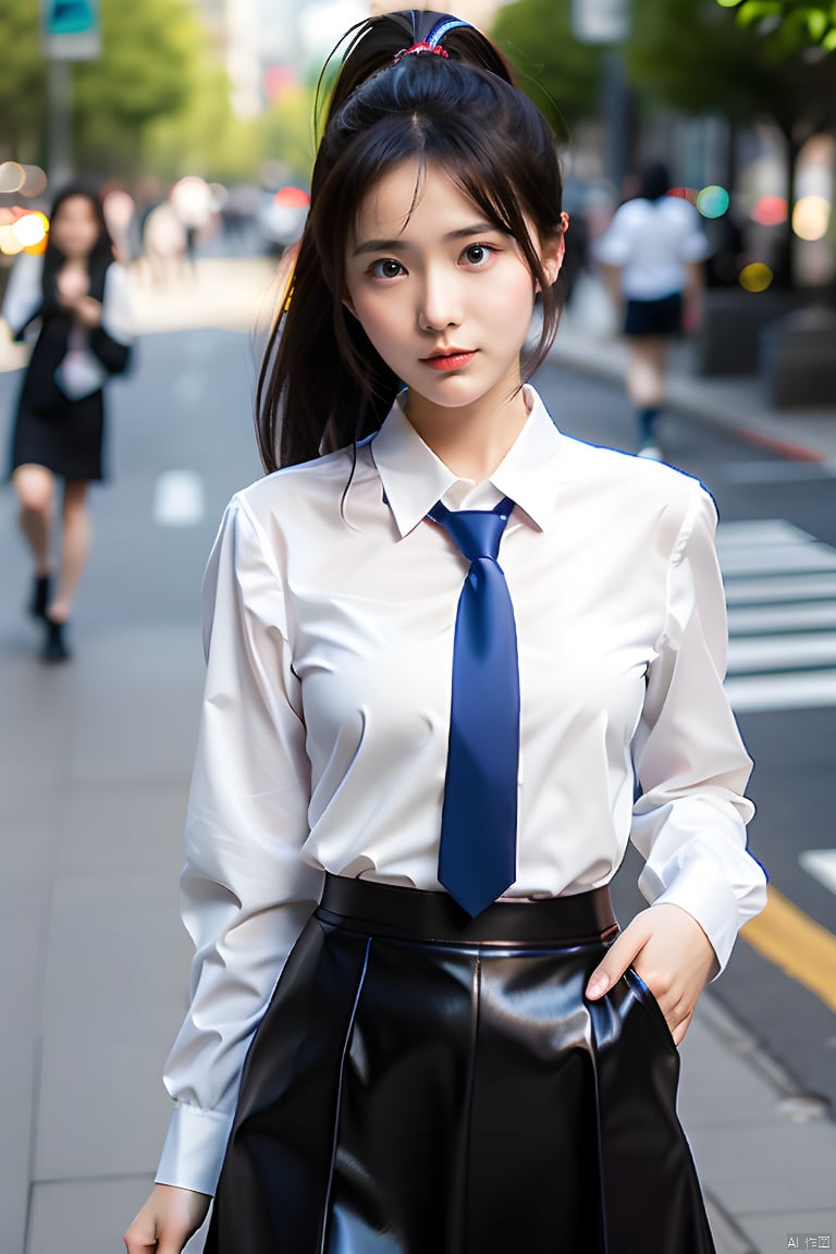 1girl, solo, long hair, looking at viewer, skirt, shirt, black hair, long sleeves, closed mouth, white shirt, ponytail, outdoors, necktie, collared shirt, water, blurry, blurry background, realistic, shirt tucked in