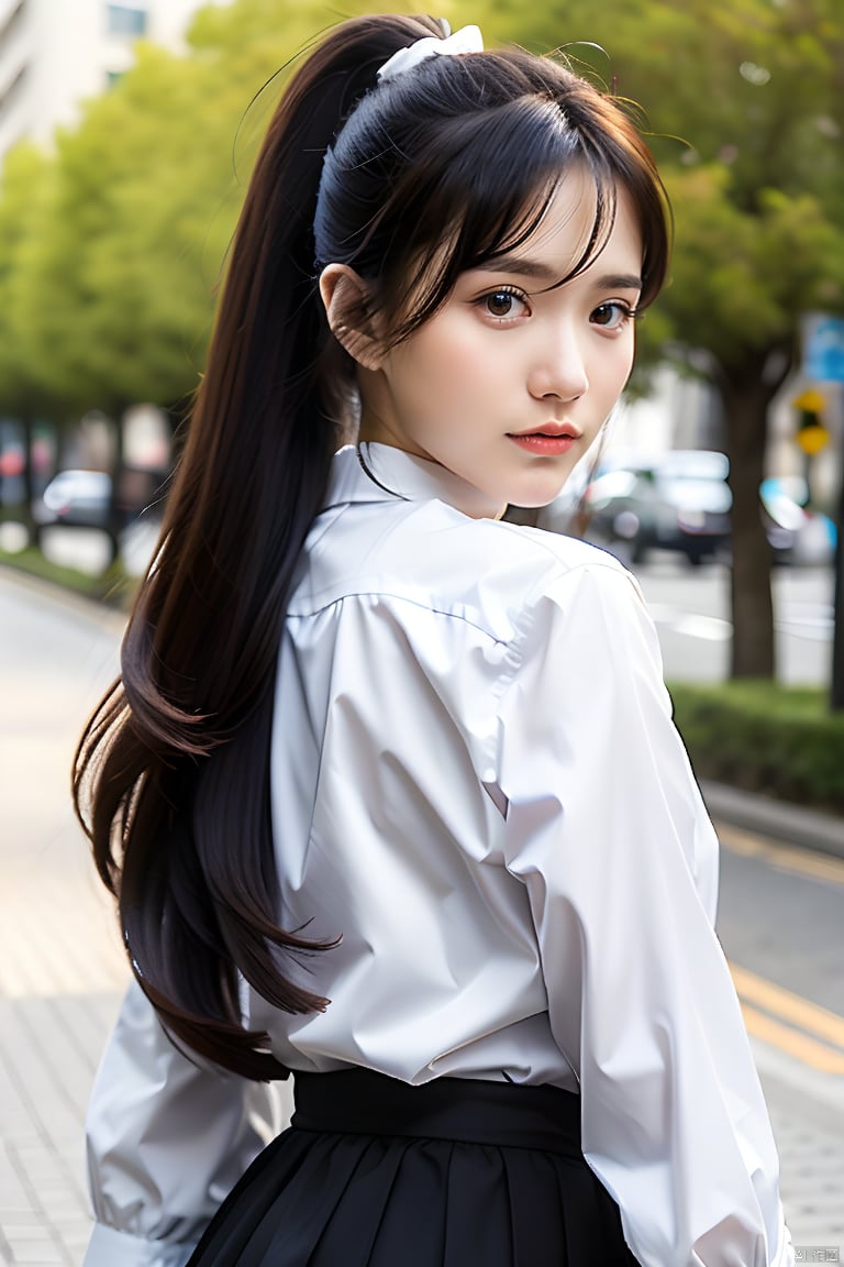 1girl, solo, long hair, looking at viewer, skirt, shirt, black hair, long sleeves, closed mouth, white shirt, ponytail, outdoors, necktie, collared shirt, water, blurry, blurry background, realistic, shirt tucked in