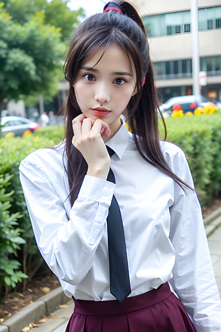 1girl, solo, long hair, looking at viewer, skirt, shirt, black hair, long sleeves, closed mouth, white shirt, ponytail, outdoors, necktie, collared shirt, water, blurry, blurry background, realistic, shirt tucked in