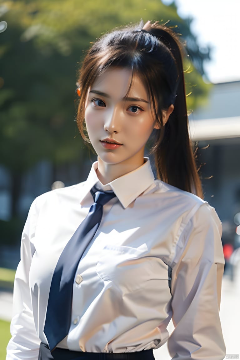 1girl, solo, long hair, looking at viewer, skirt, shirt, black hair, long sleeves, closed mouth, white shirt, ponytail, outdoors, necktie, collared shirt, water, blurry, blurry background, realistic, shirt tucked in