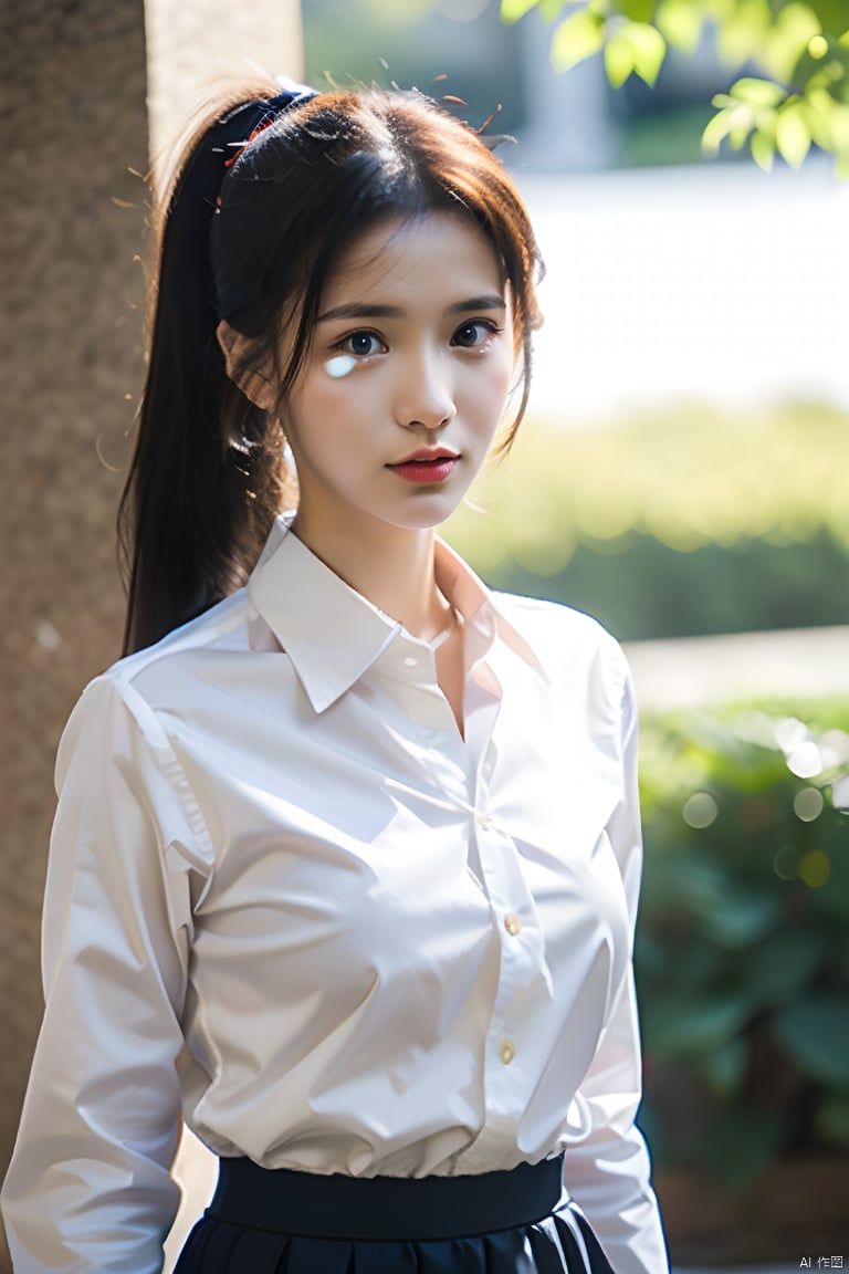 1girl, solo, long hair, looking at viewer, skirt, shirt, black hair, long sleeves, closed mouth, white shirt, ponytail, outdoors, necktie, collared shirt, water, blurry, blurry background, realistic, shirt tucked in