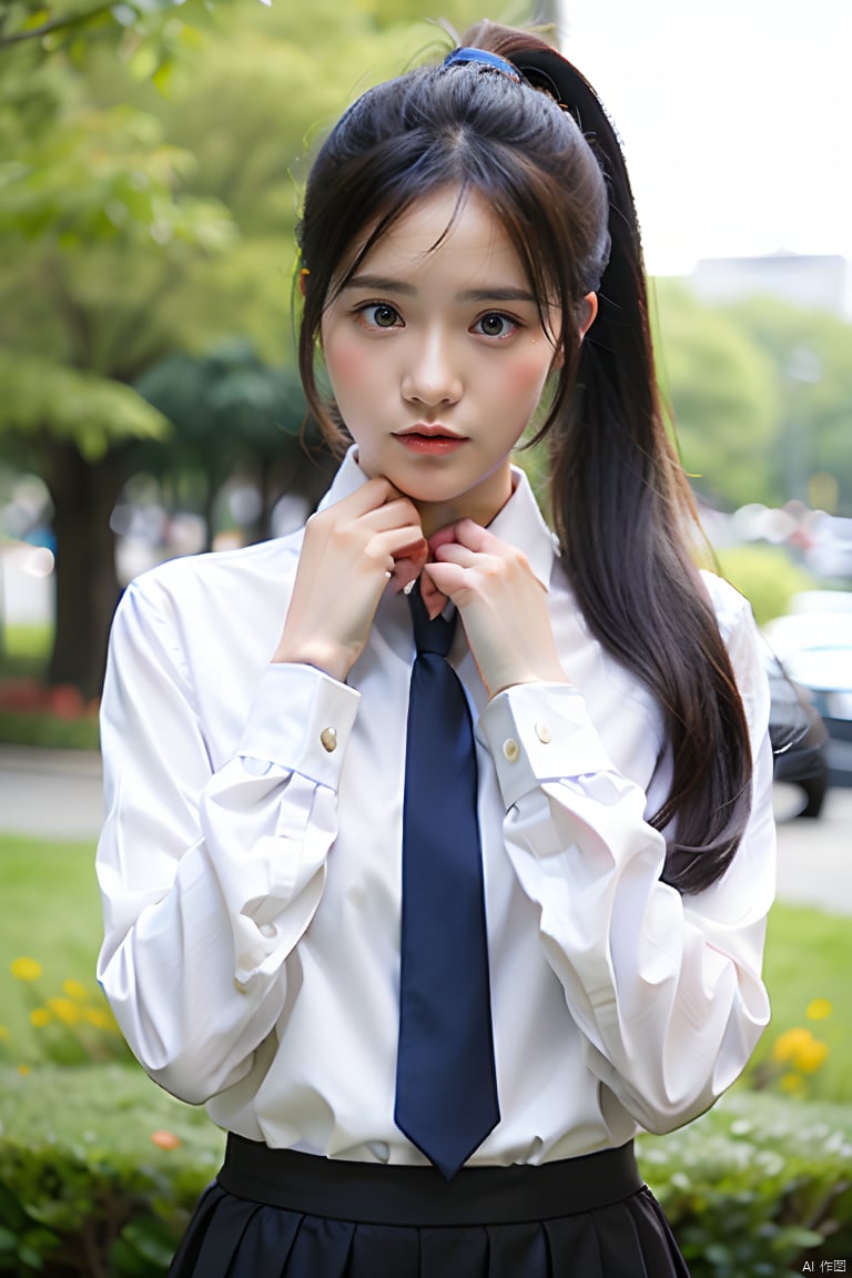 1girl, solo, long hair, looking at viewer, skirt, shirt, black hair, long sleeves, closed mouth, white shirt, ponytail, outdoors, necktie, collared shirt, water, blurry, blurry background, realistic, shirt tucked in