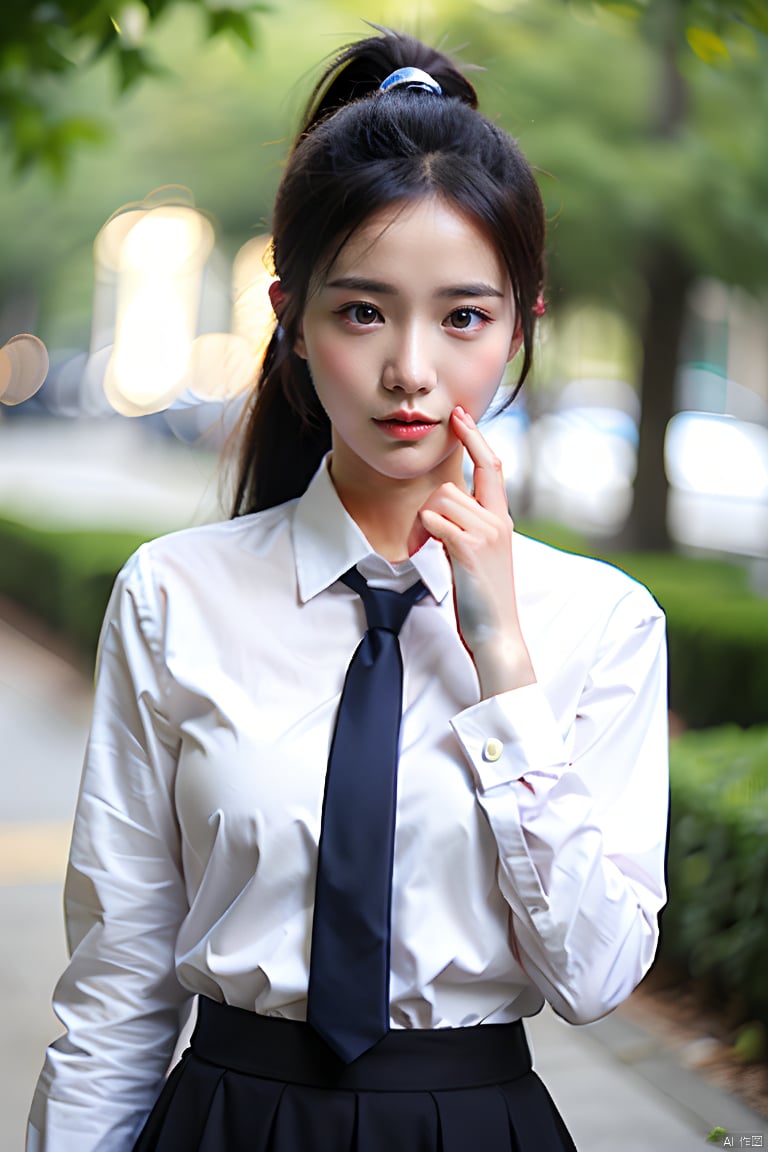 1girl, solo, long hair, looking at viewer, skirt, shirt, black hair, long sleeves, closed mouth, white shirt, ponytail, outdoors, necktie, collared shirt, water, blurry, blurry background, realistic, shirt tucked in