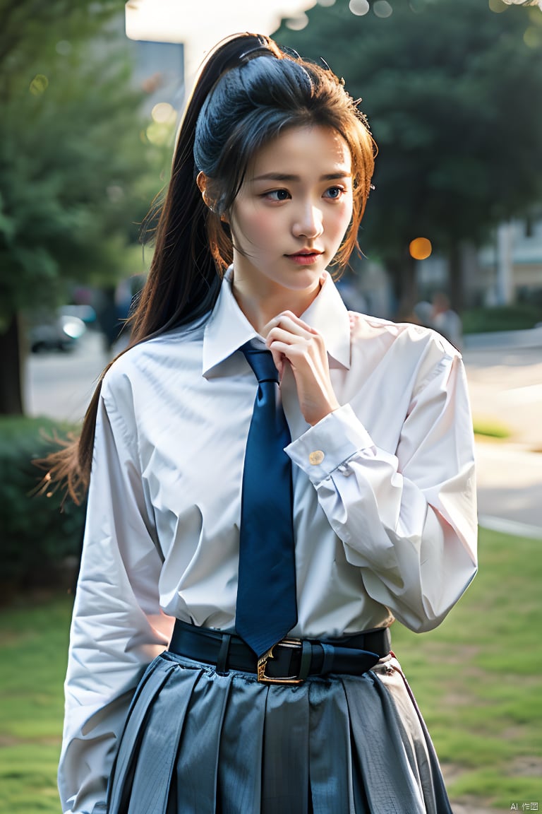 1girl, solo, long hair, looking at viewer, skirt, shirt, black hair, long sleeves, closed mouth, white shirt, ponytail, outdoors, necktie, collared shirt, water, blurry, blurry background, realistic, shirt tucked in