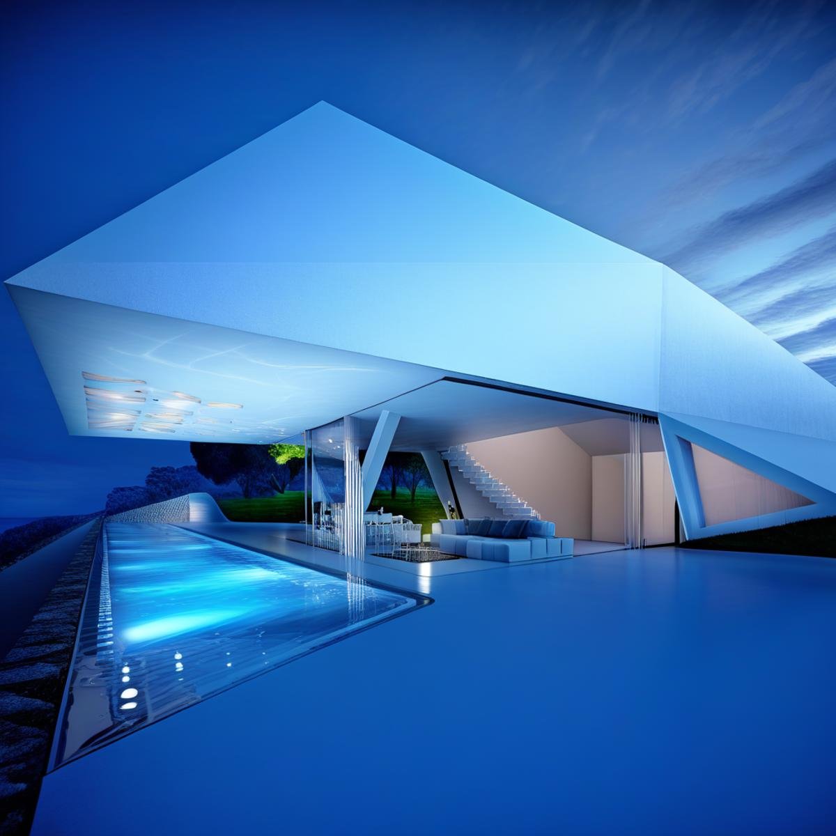 Hornung, suggesting it could be in a location with a Mediterranean or tropical climate., The image depicts a modern house during dusk. The architecture is unique, adding to the luxurious feel of the setting. The structure appears to be a part of a larger complex